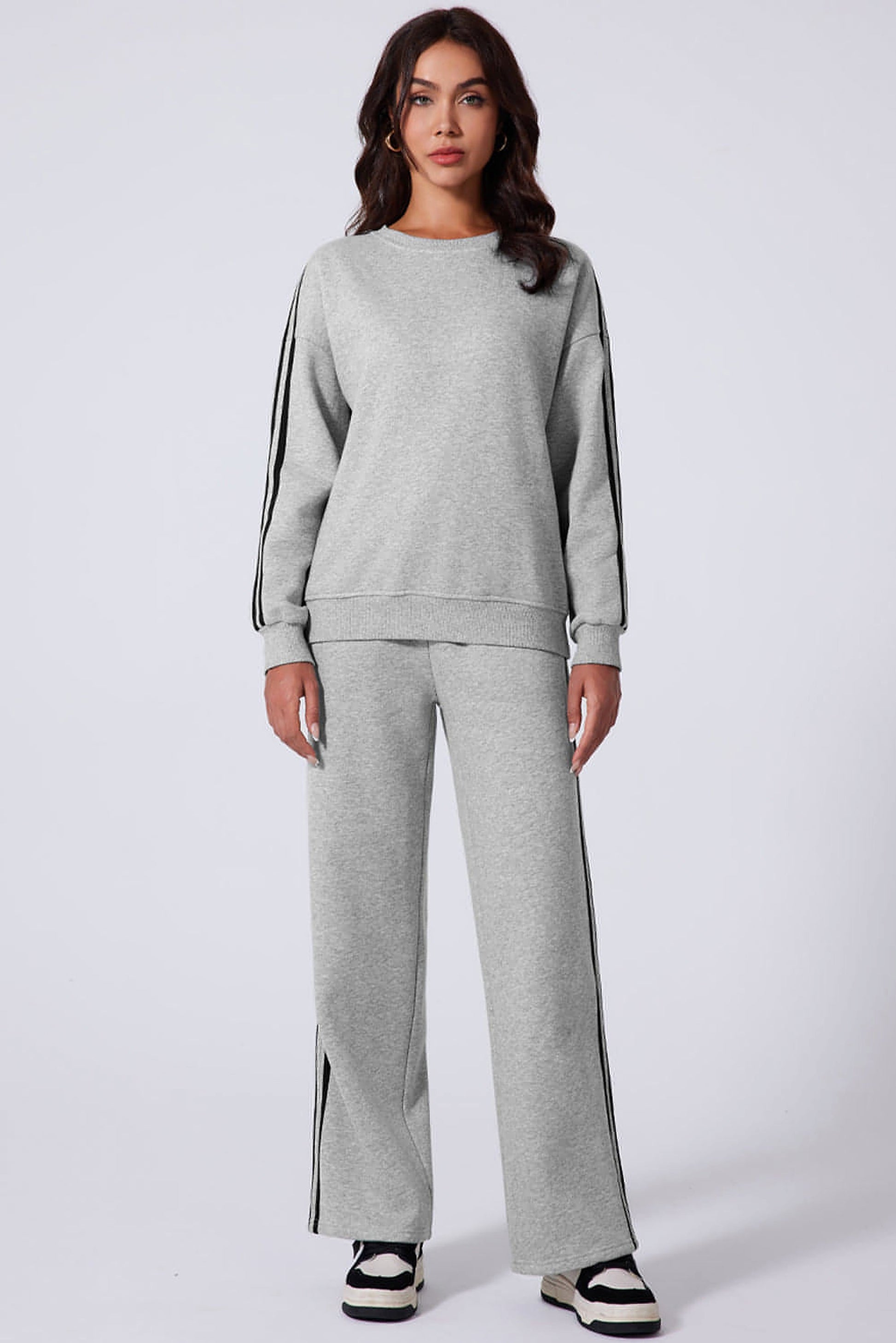 Light Grey Solid Color Side Striped Sweatshirt Active Set - enhanced image 6
