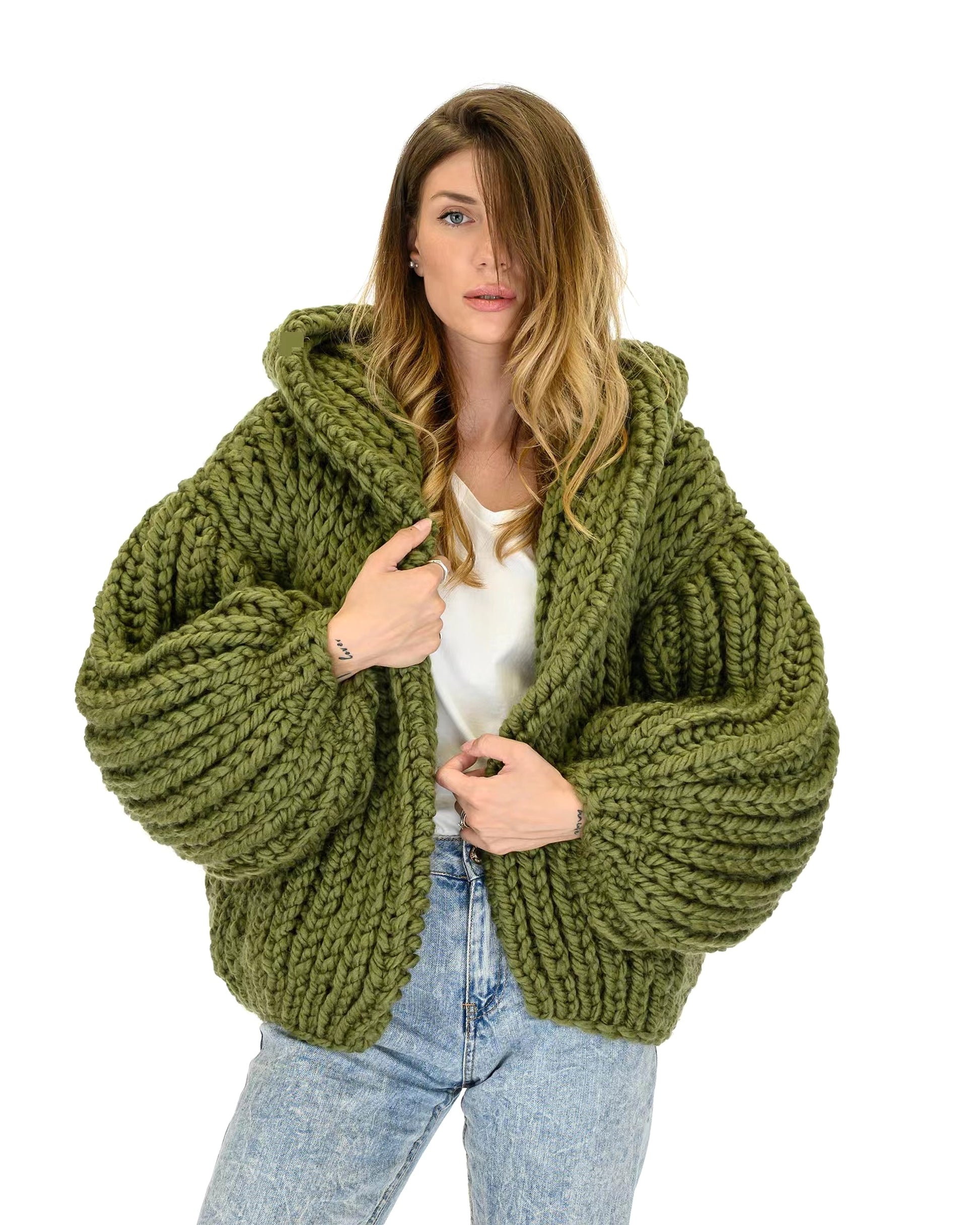 Loose And Hooded Cardigan Coat Handmade Knitting Needle Women's Knitted Sweater - enhanced image 6