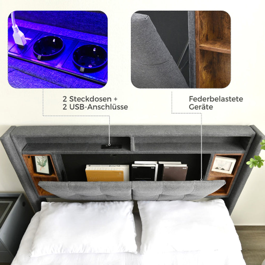 LuneluX_Home – Solid Wood Storage Bed with USB Charging Ports & LED Light (160×200 cm, Gray) - enhanced image 6