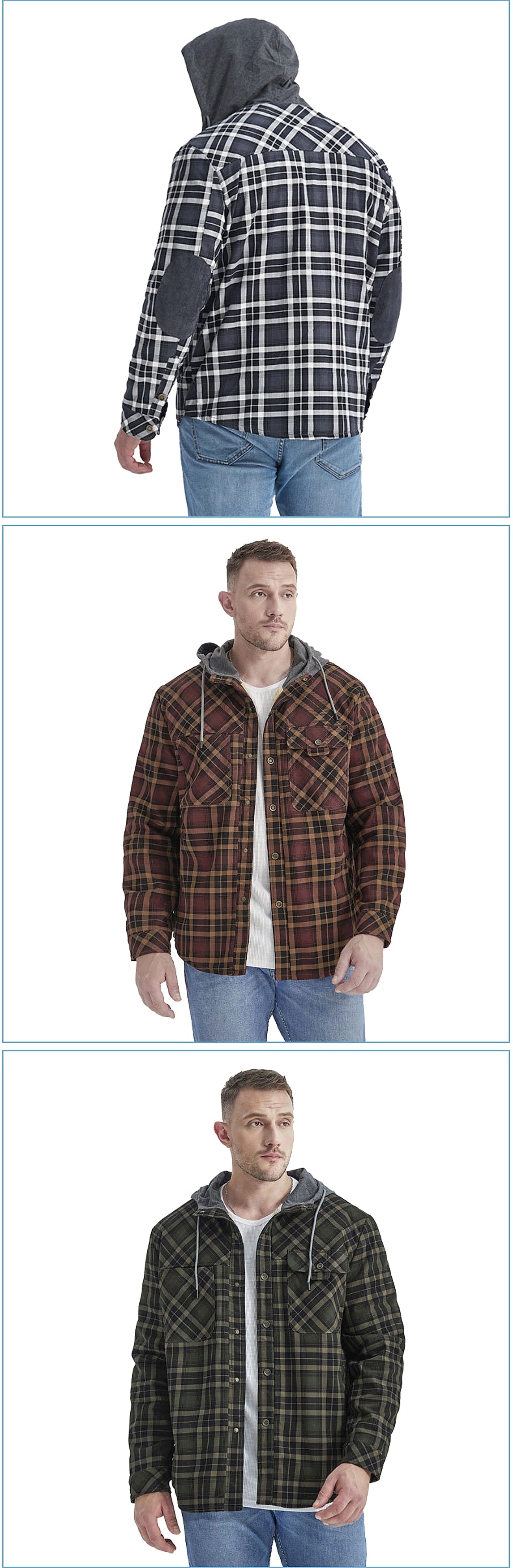 Men’s Fleece-Lined Hooded Plaid Flannel Jacket – Winter Cotton Padded Shirt Coat - enhanced image 6