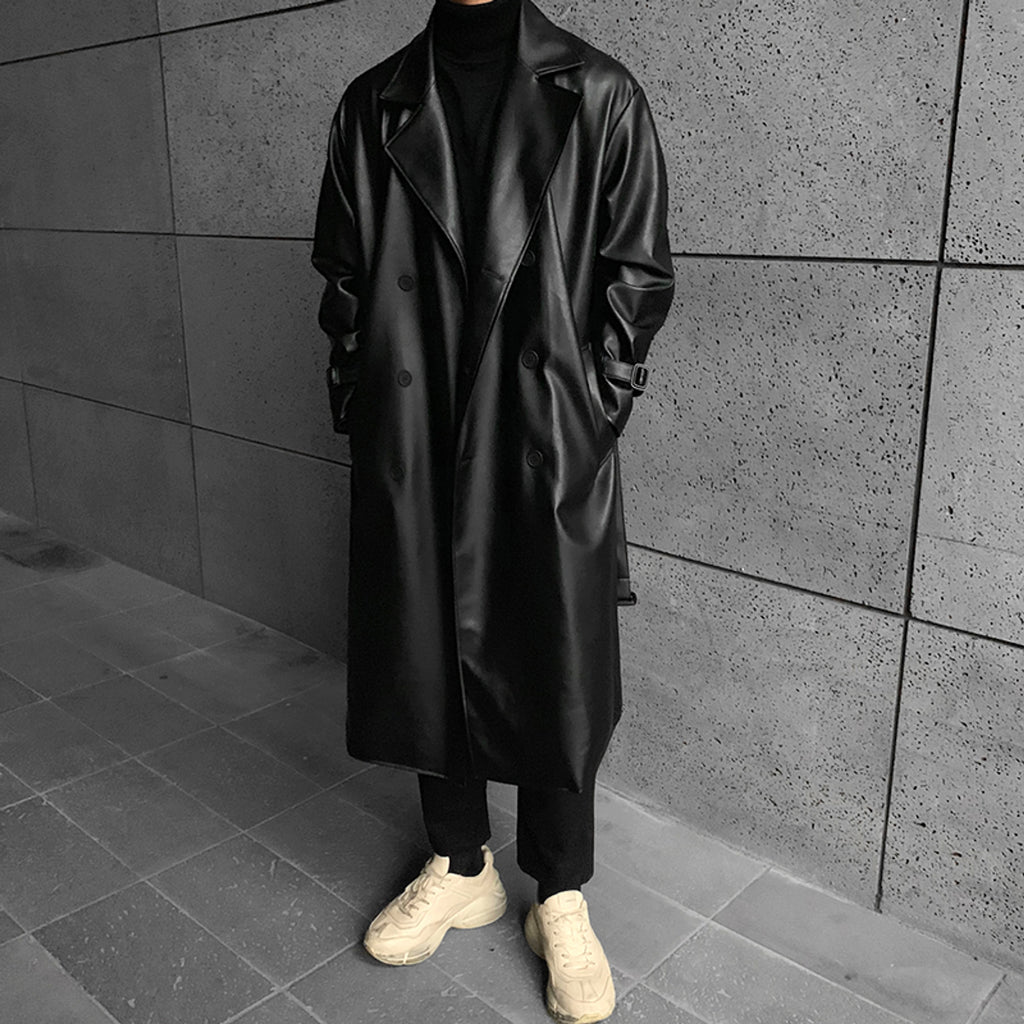 Men's Mid-length Double-breasted Leather Trench Coat - enhanced image 6