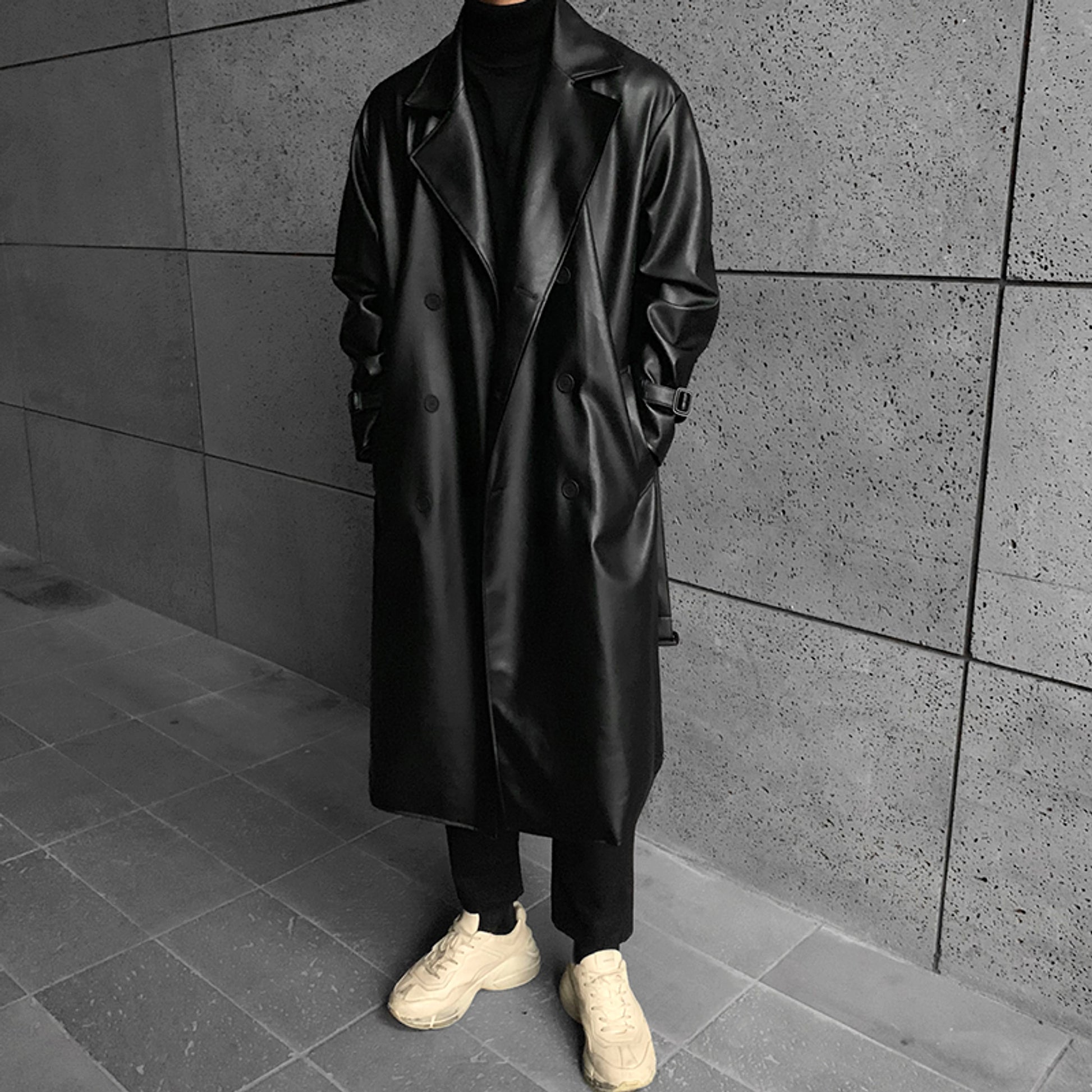 Men's Mid-length Double-breasted Leather Trench Coat - enhanced image 6
