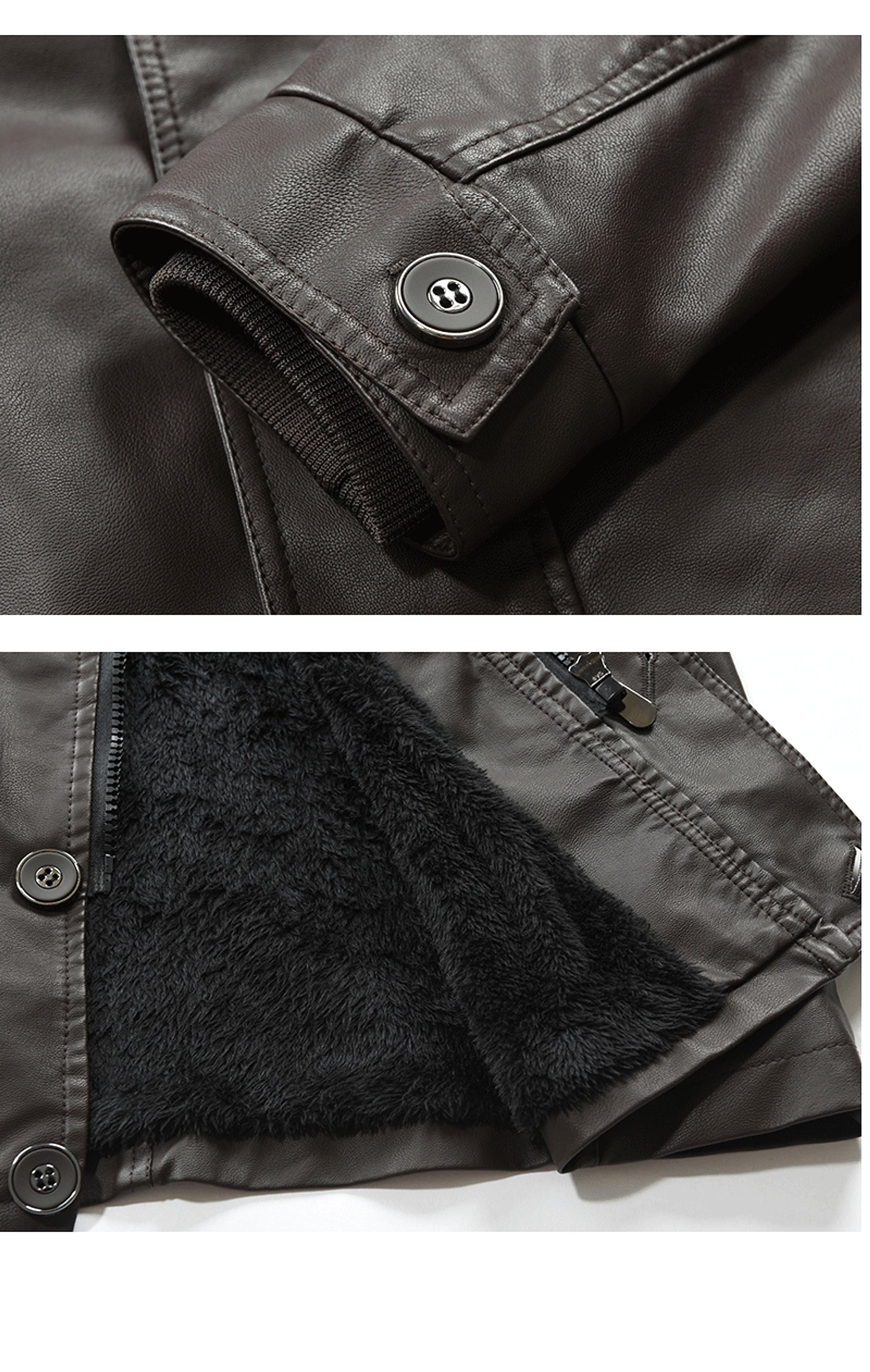 Men's Mid-length Fleece-lined Casual Stand Collar Leather Wind Coat - enhanced image 6