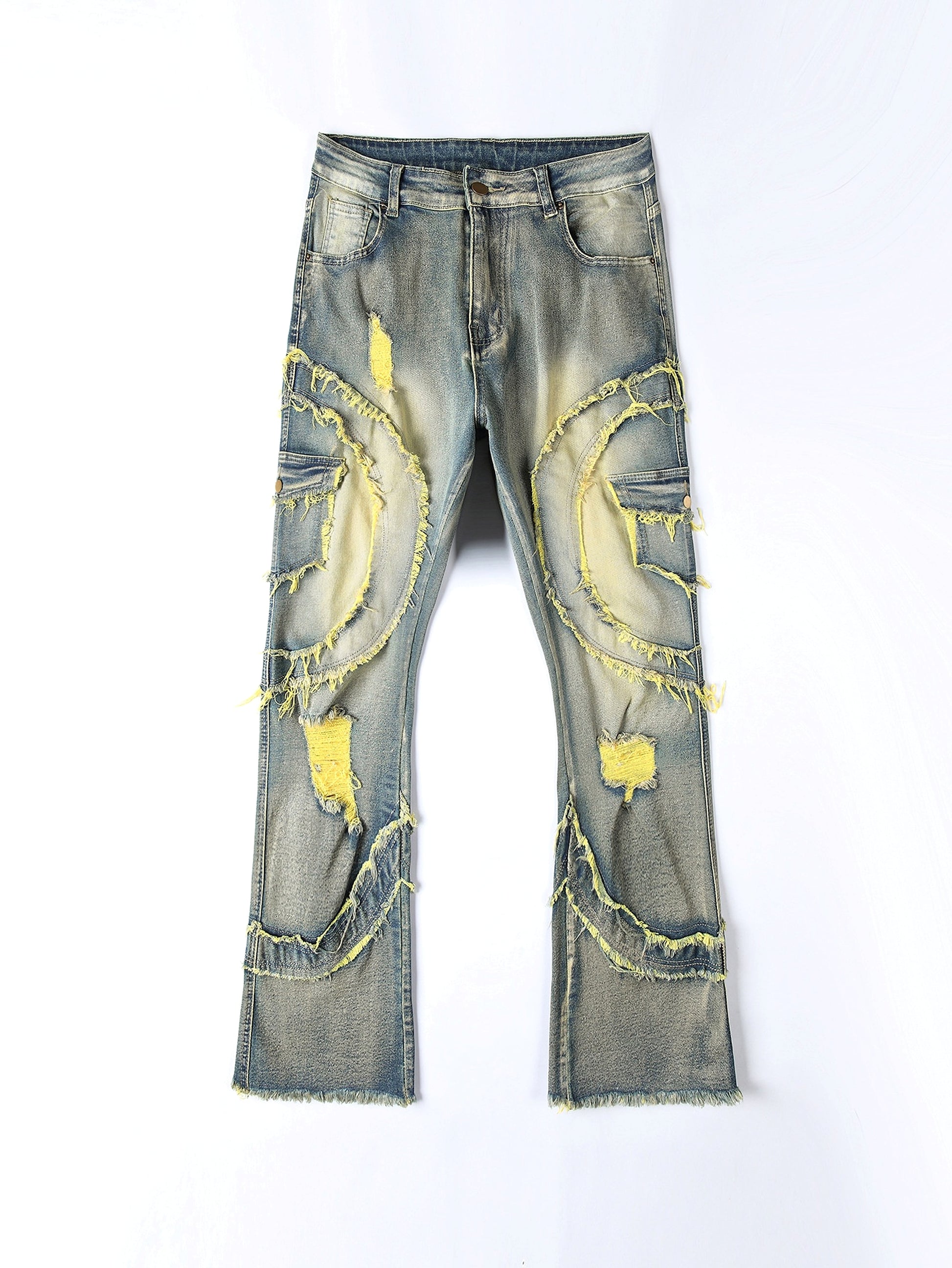 Men's Patchwork Fringe Slightly Flared Stretch Jeans - enhanced image 6