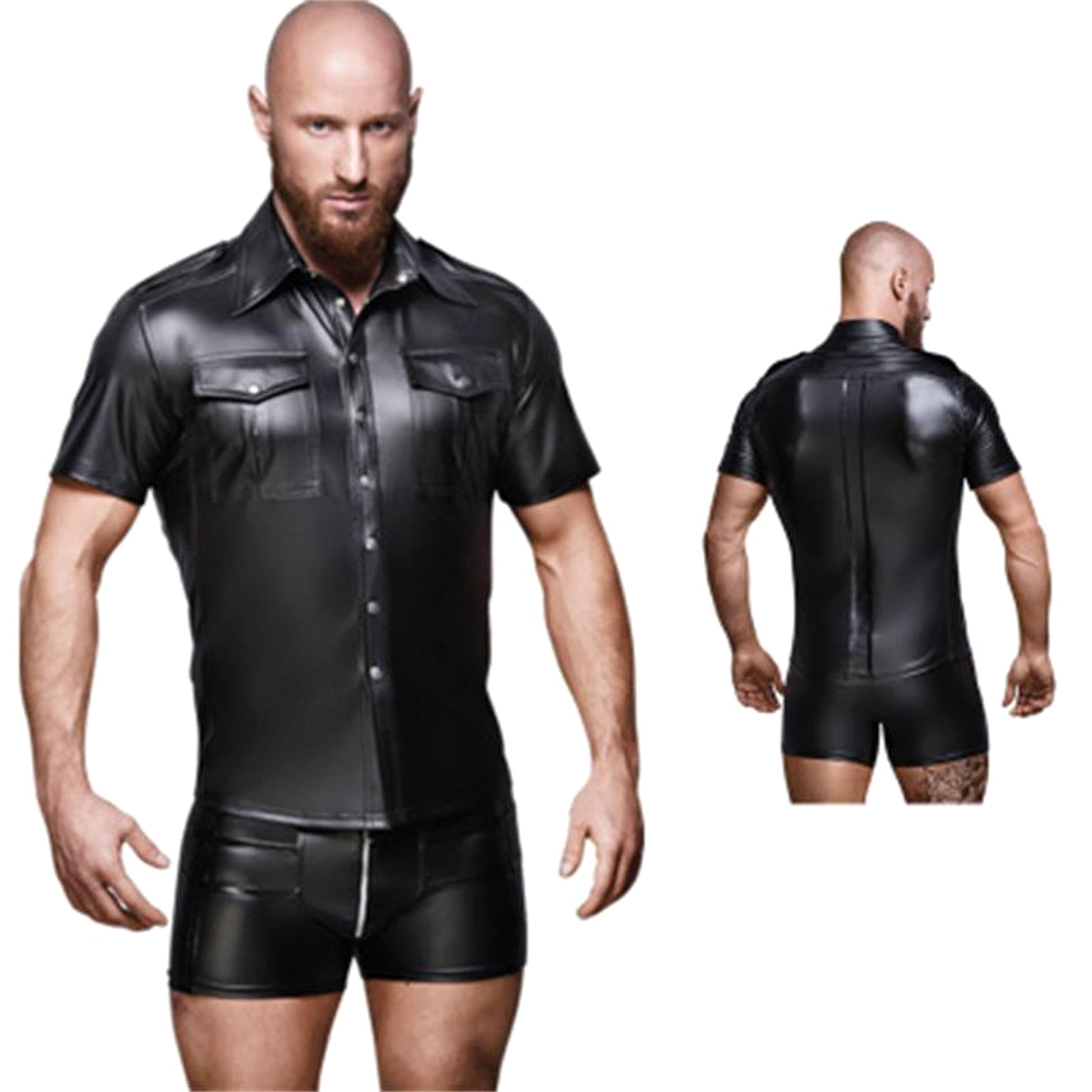 Men's Patent Leather Top DressShirt Stage Subdued Leather Costumes - enhanced image 6