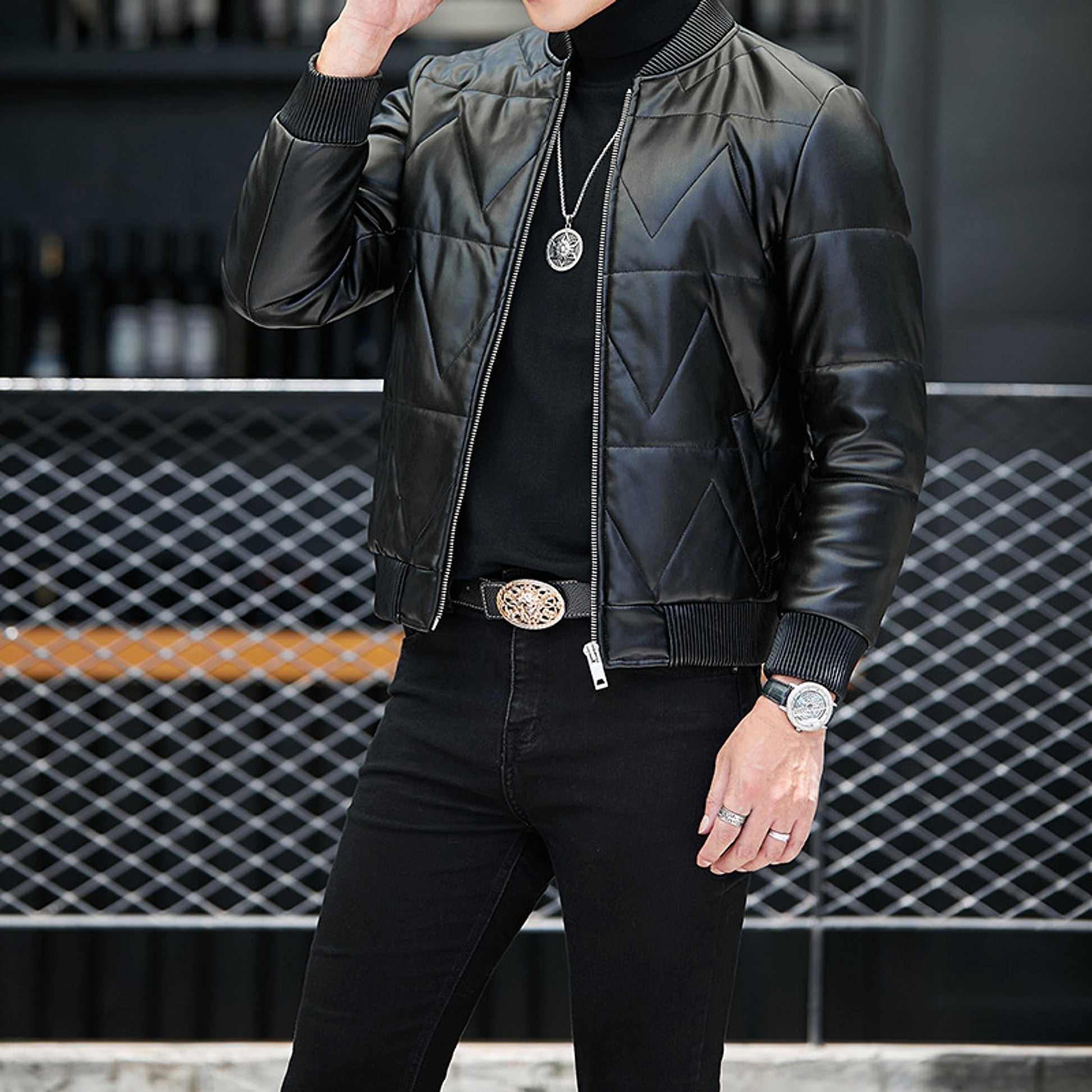 Men's Standing Collar Casual Zipper PU Leather Jacket - enhanced image 6