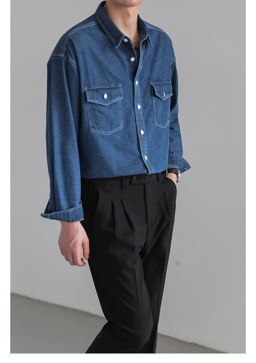 Minority Simple Long Sleeve Denim DressShirt Men's Loose - enhanced image 6