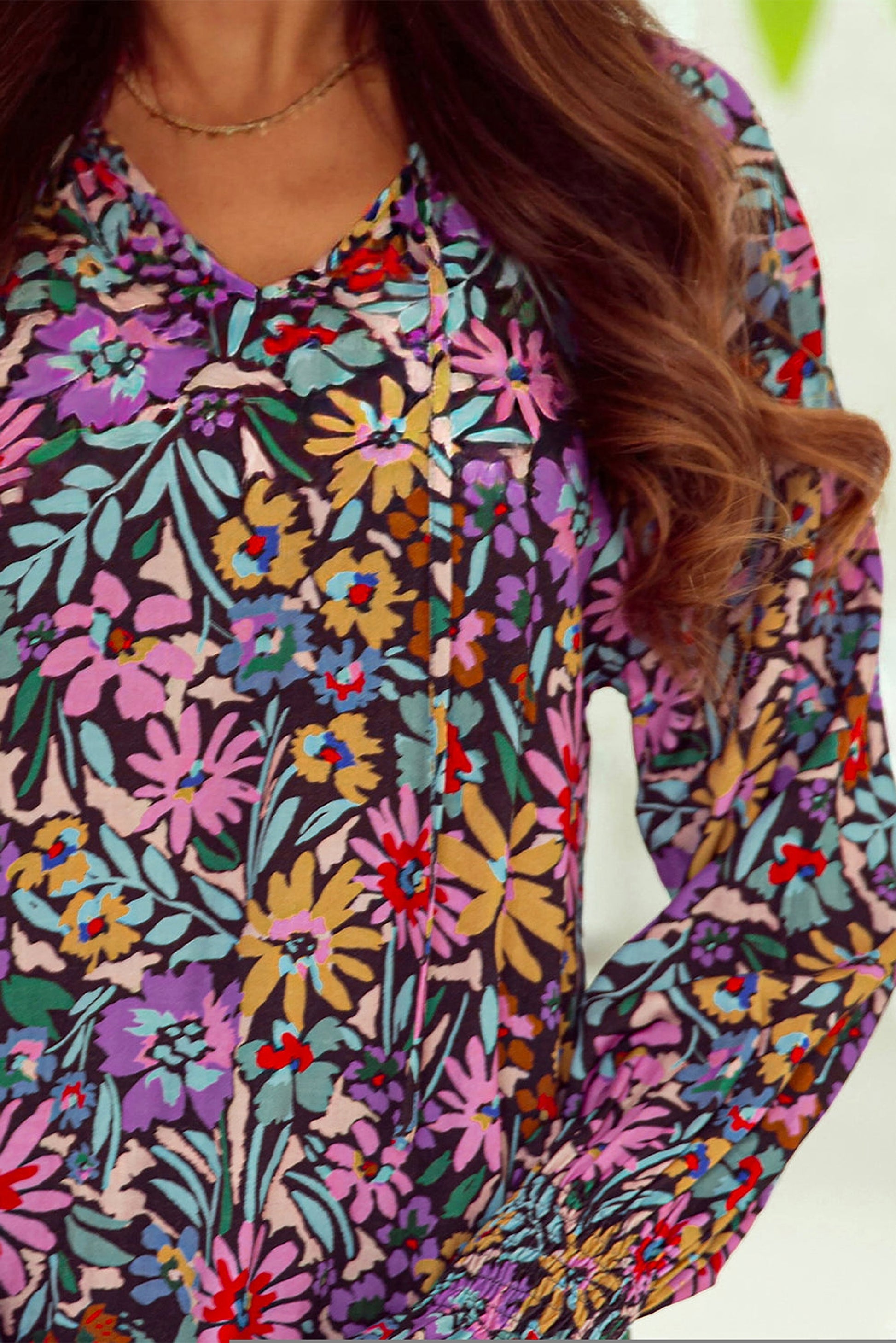 Multicolor Floral Print Ruffled Long Sleeve V-Neck Blouse - enhanced image 6