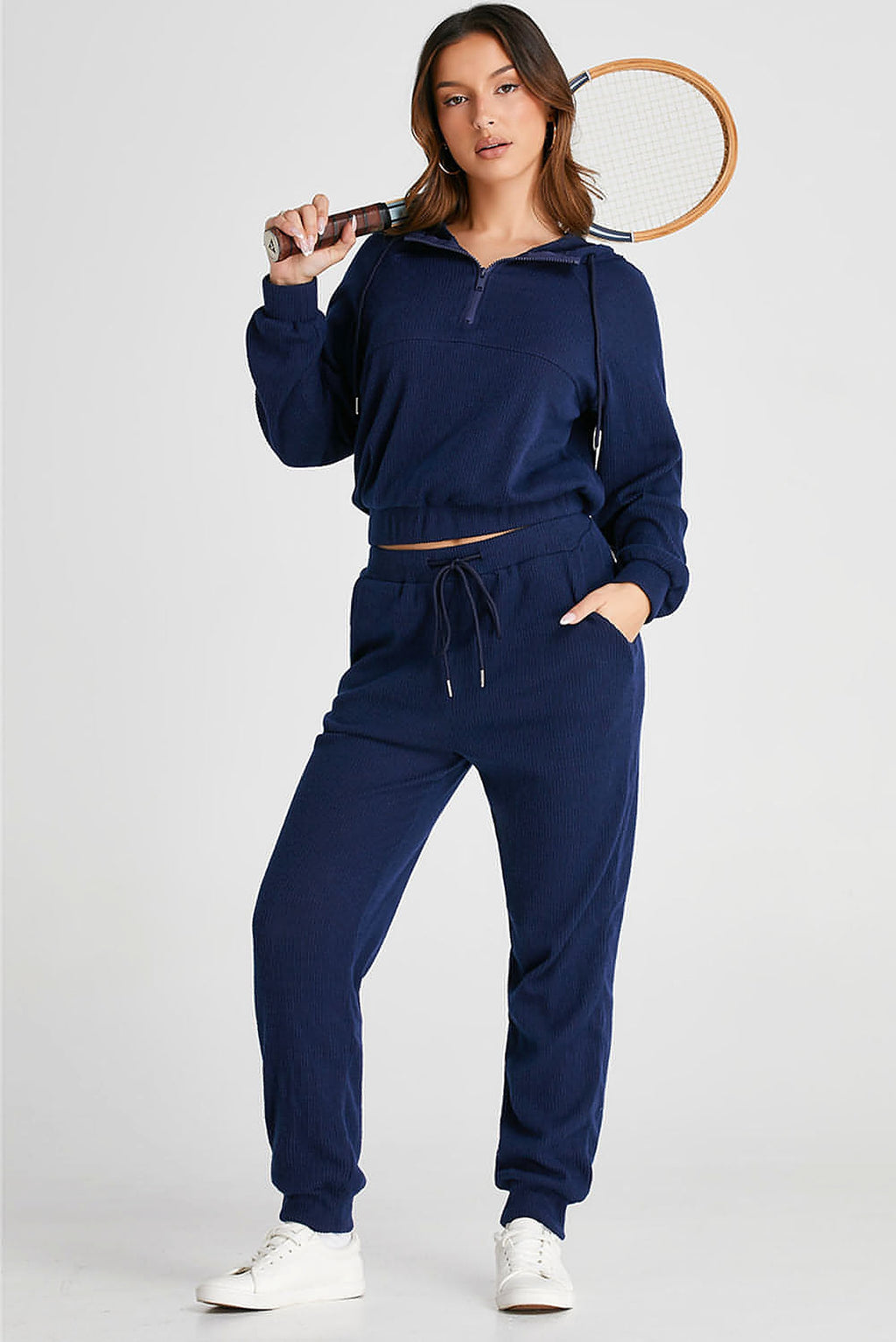 Navy Blue Ribbed Knit Cropped Hoodie and Drawstring Joggers Set - enhanced image 6