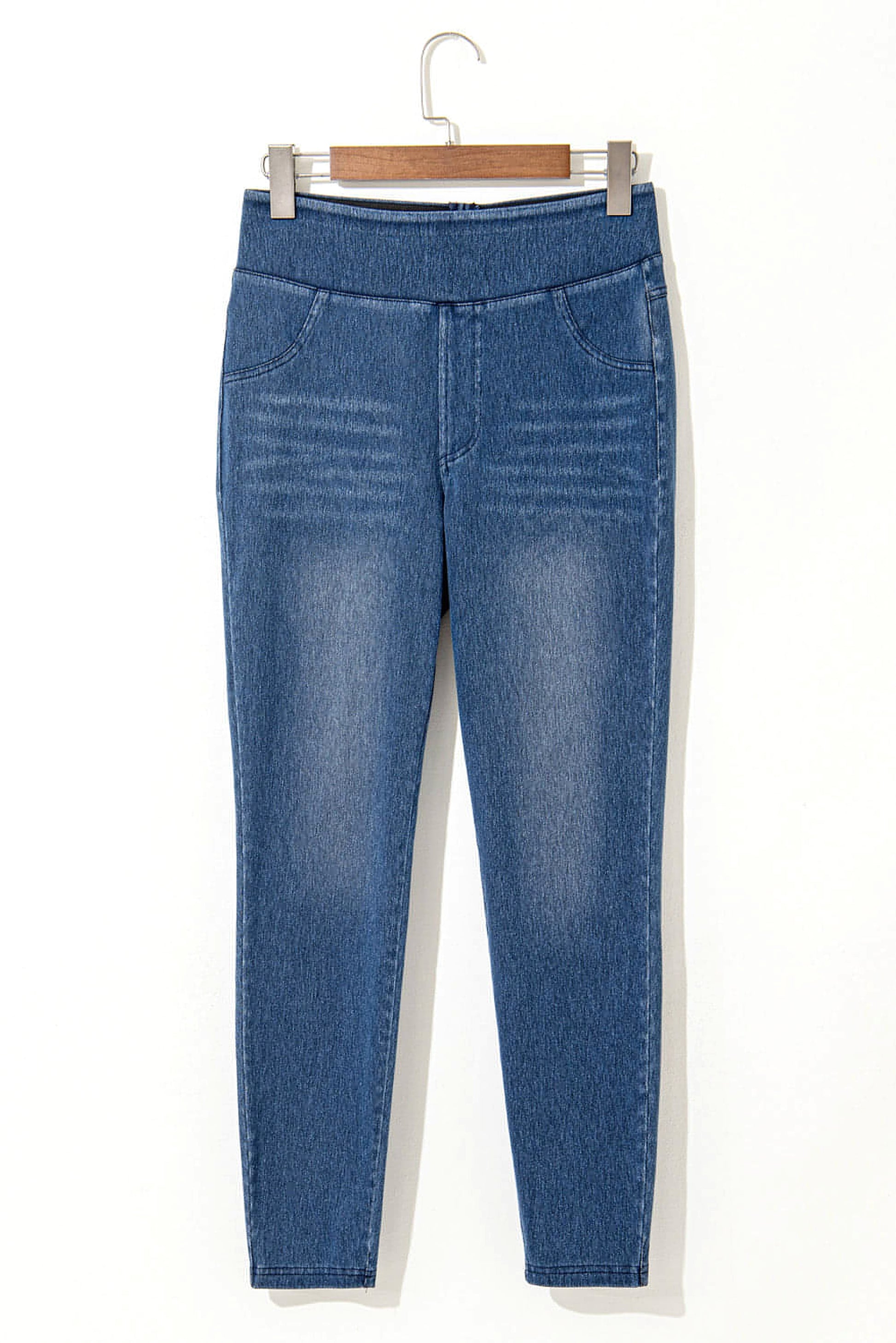 Navy Blue Skinny Elastic Waist Ankle Length Mid Waist Jeggings with Pockets - enhanced image 6