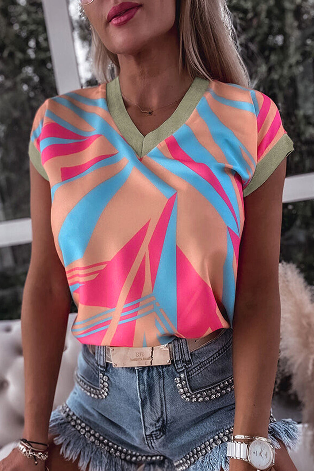 Orange Geometric Print Contrast Trim V Neck Blouse - enhanced image 6