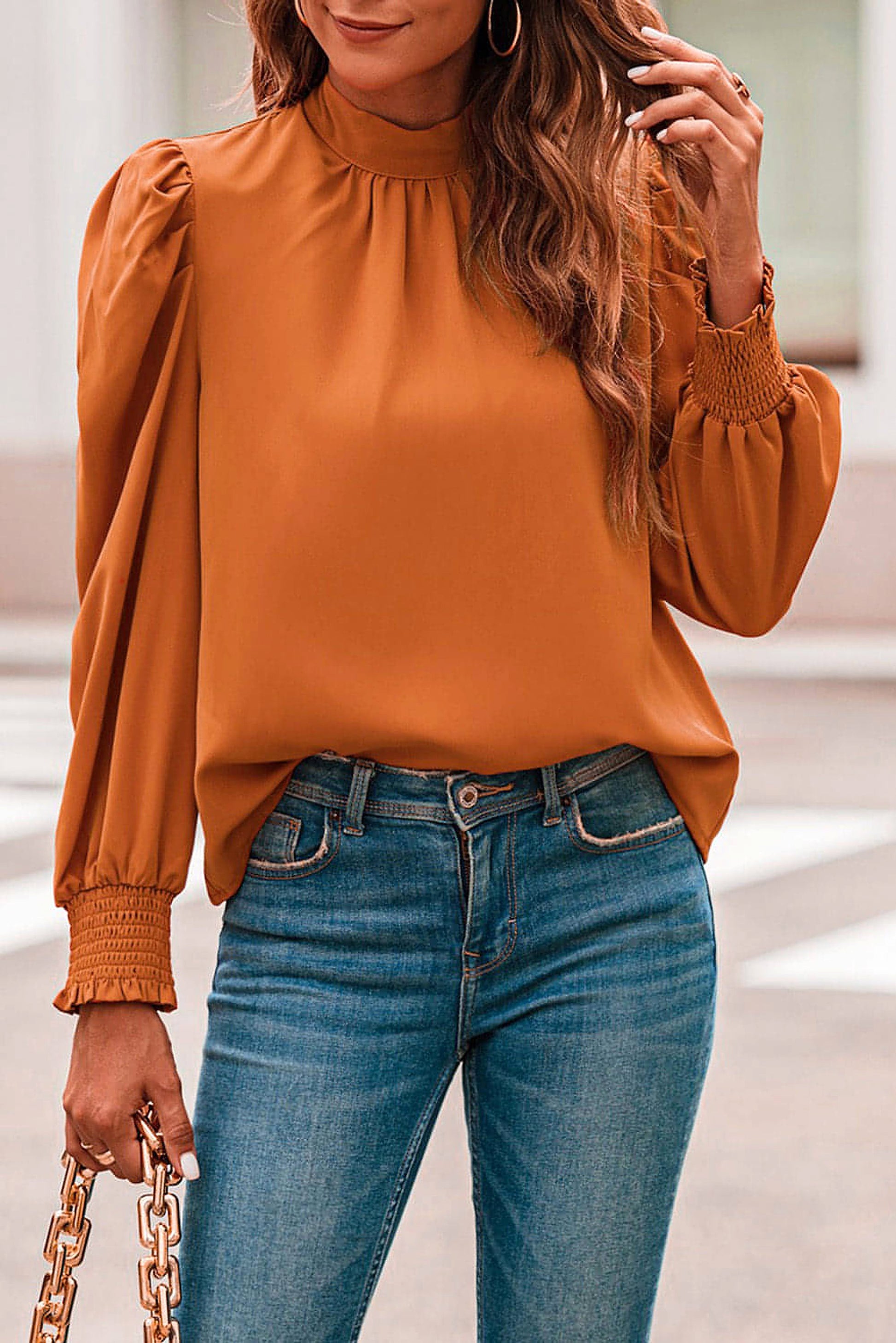 Orange Long Bubble Sleeve Mock Neck Chiffon Blouse - enhanced image 6