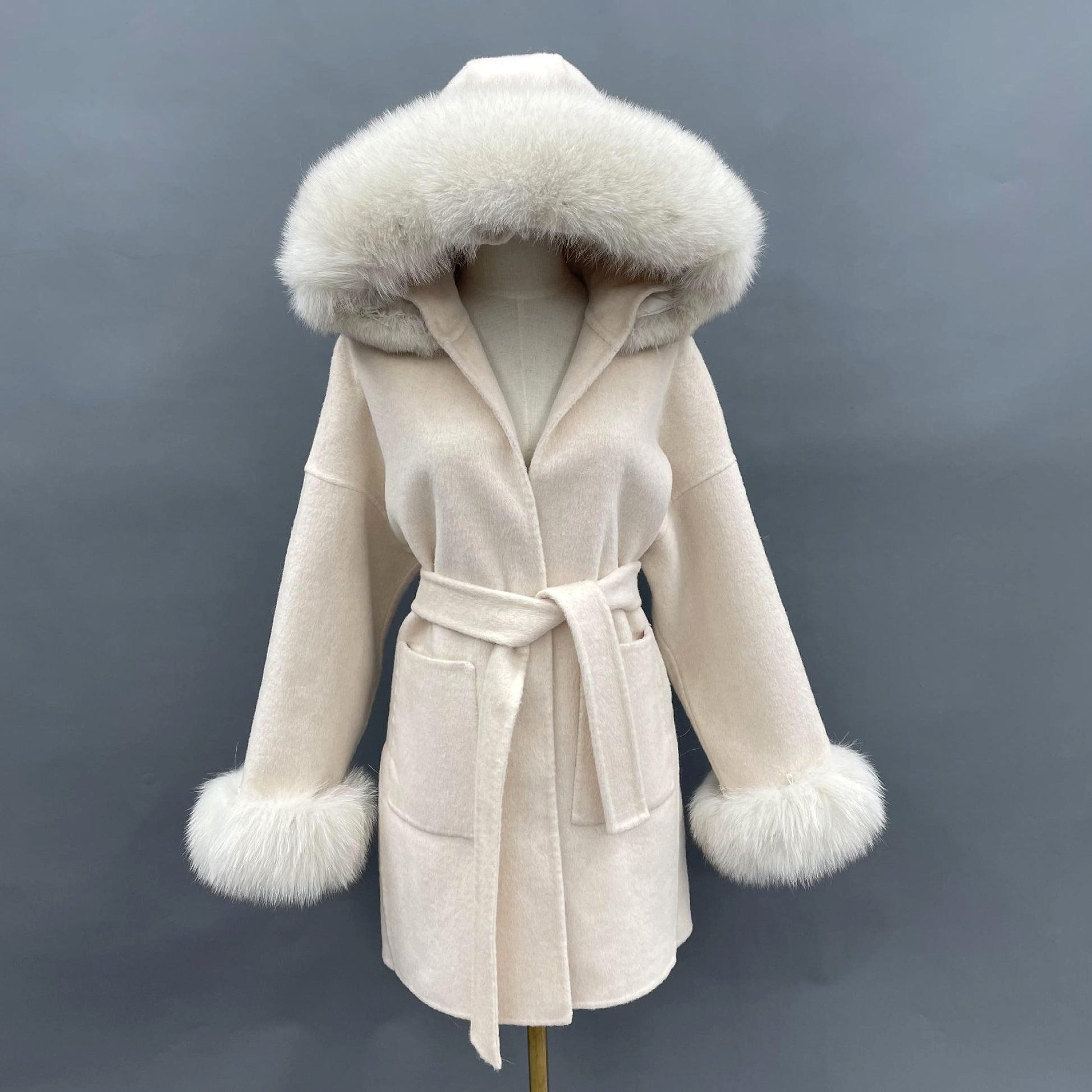 Oversized Fur Collar Hooded Double-Sided Wool Coat – Luxurious Warmth & Style - enhanced image 6