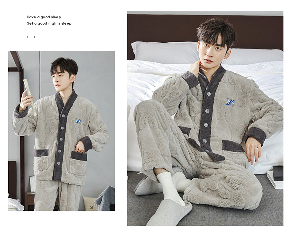 Pajamas Men's Jacquard Flannel Loose Fleece-lined Warm Loungewear - enhanced image 6