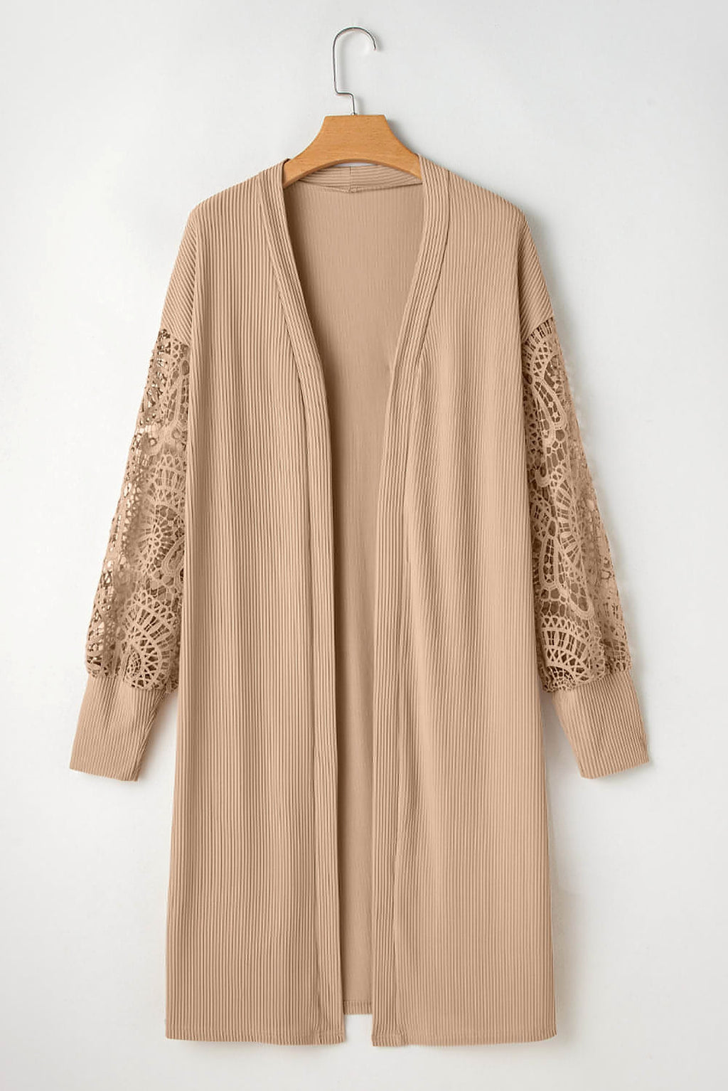 Parchment Lace Patchwork Ribbed Knit Open Front Duster Cardigan - enhanced image 6