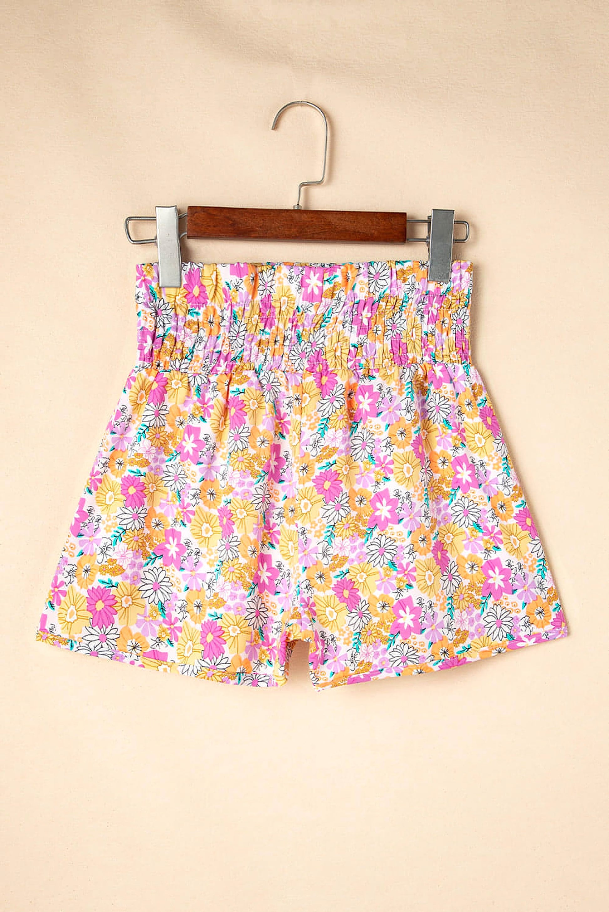 Pink Boho Floral Shirred High Waist Casual Shorts - enhanced image 6