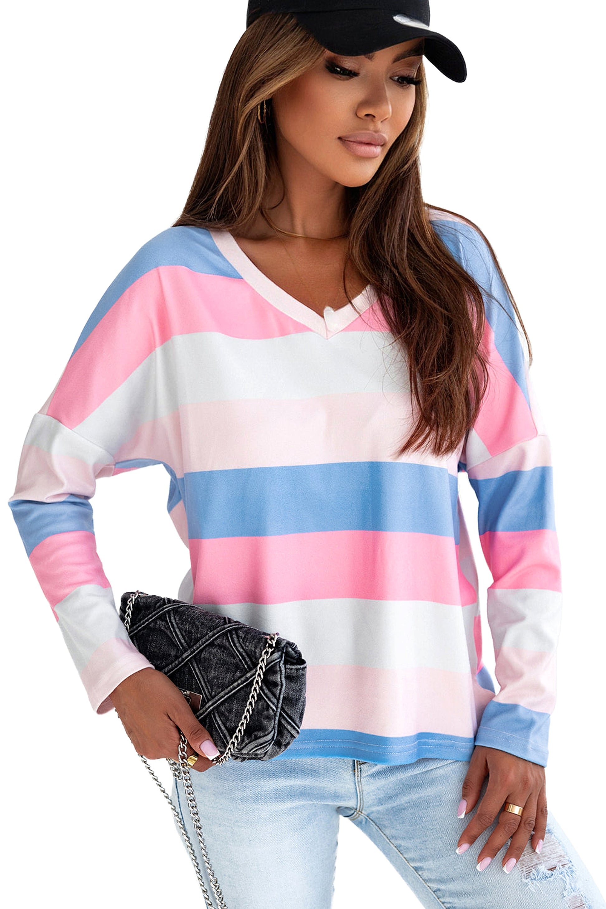 Pink Contrast Striped V Neck Long Sleeve Top - enhanced image 6