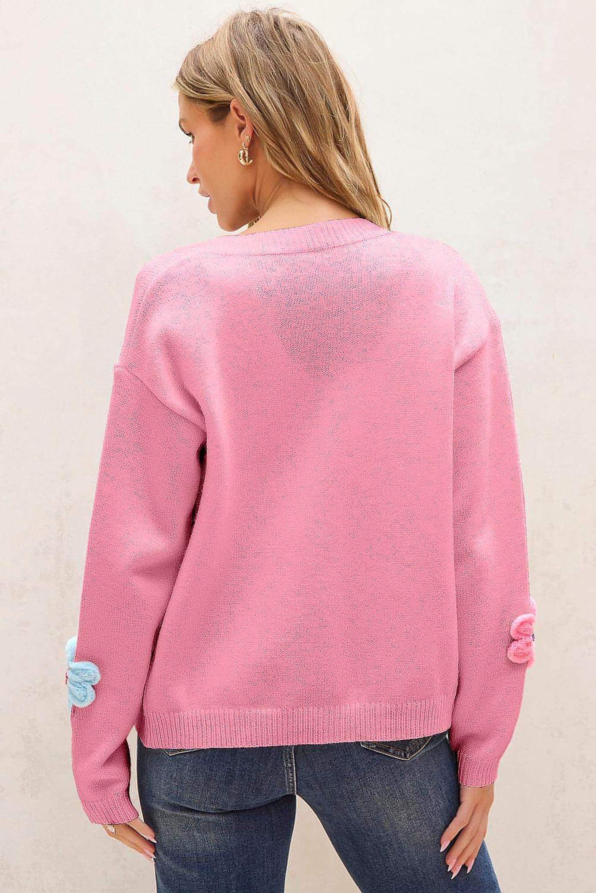 Pink Cute Knitted Floral Pattern Button Up Cardigan - enhanced image 6