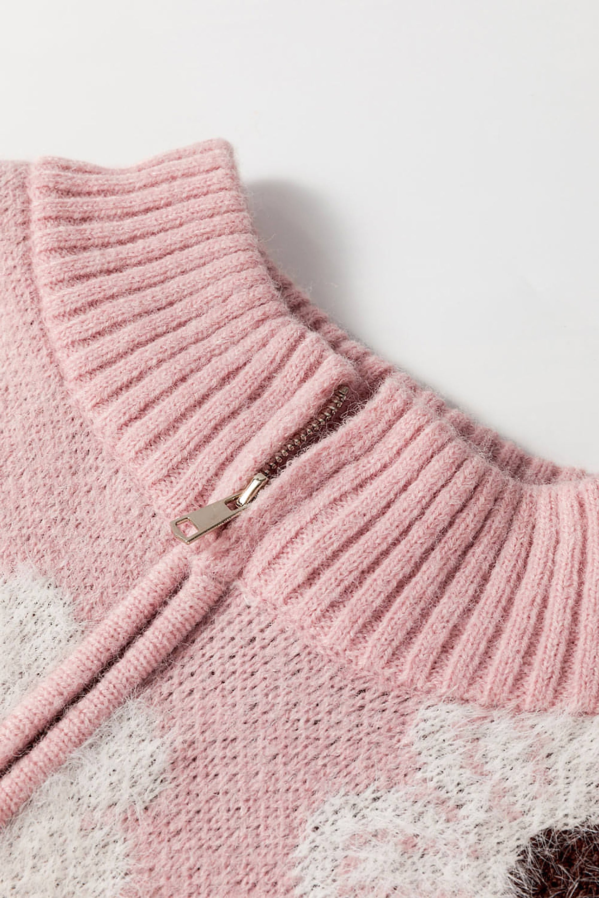 Pink Floral Pattern Half Zip Drop Shoulder Sweater - enhanced image 6