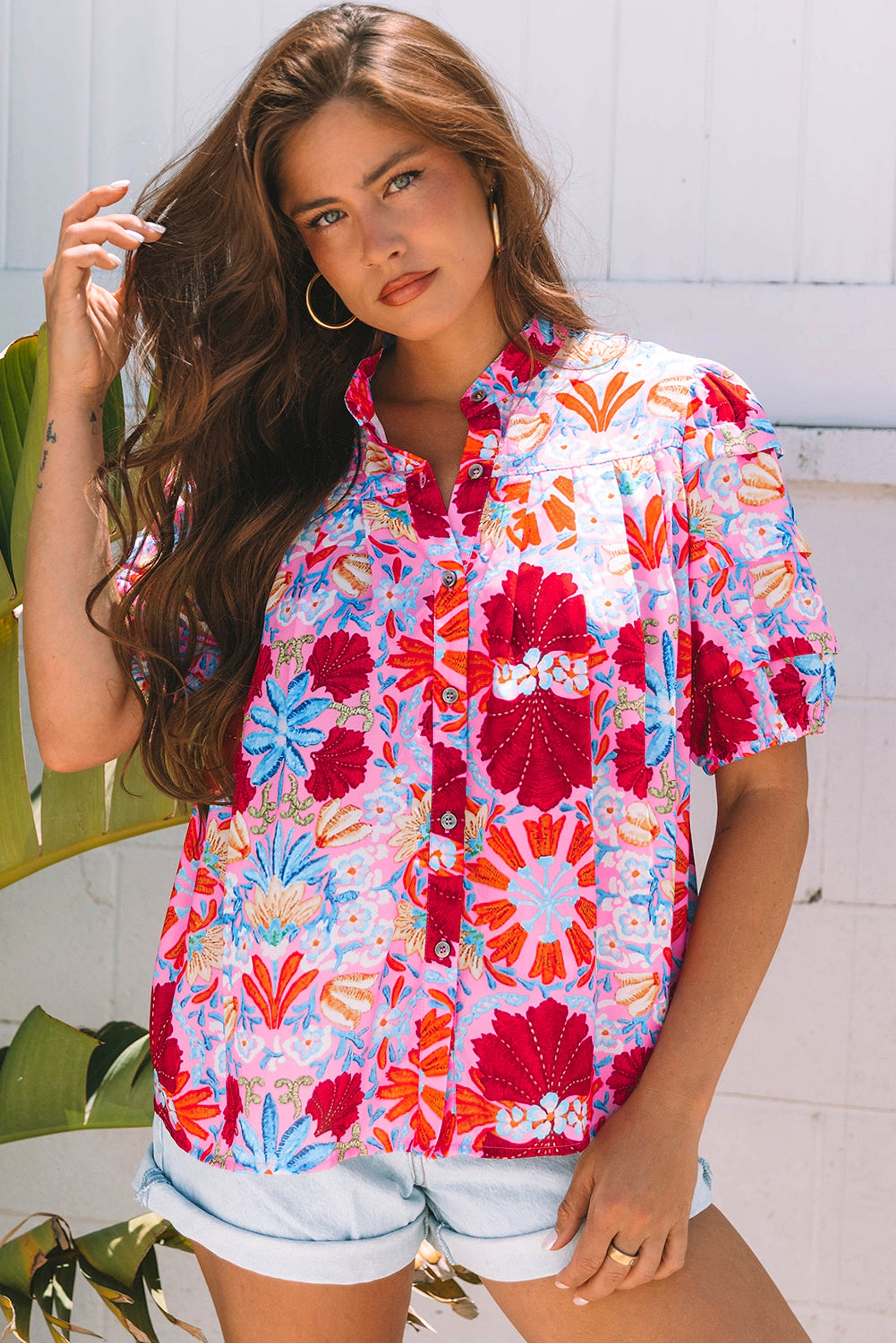 Pink Floral Print Bubble Sleeve Button Up Pleated Shirt - enhanced image 6
