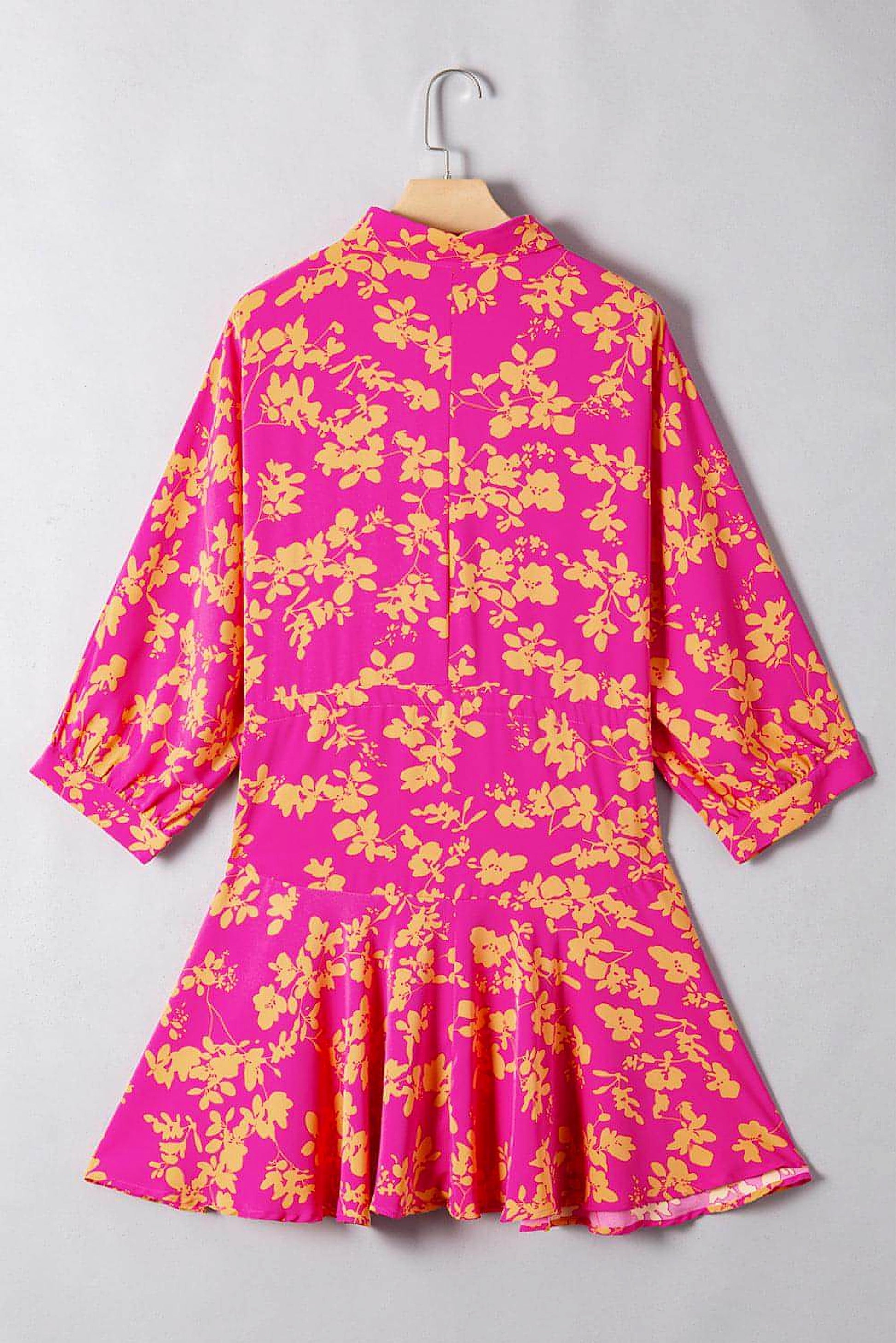 Pink Floral Print Drawstring Tunic Flowy Short Dress - enhanced image 6