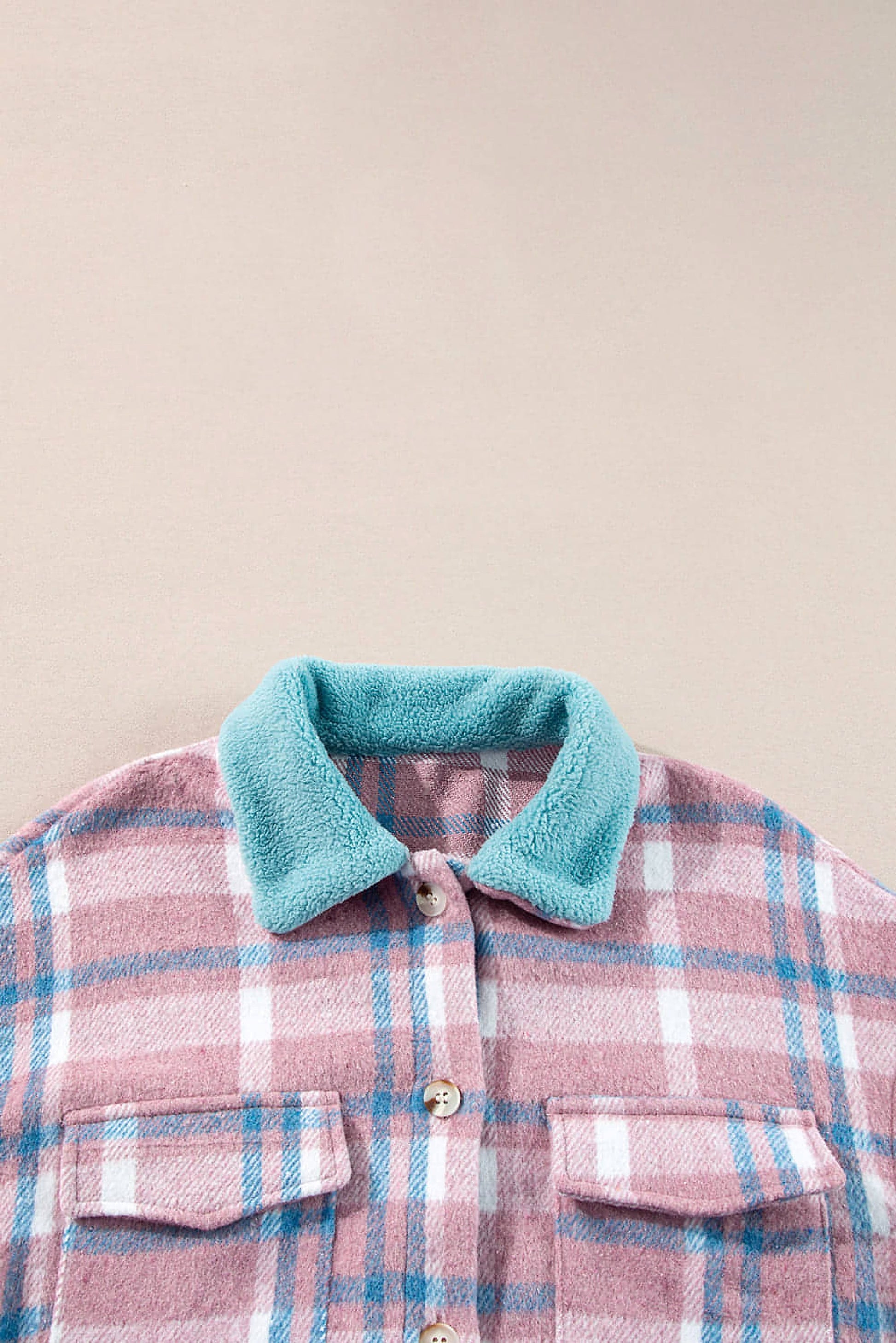 Pink Plaid Print Color Block Collared Flap Pockets Loose Shacket - enhanced image 6