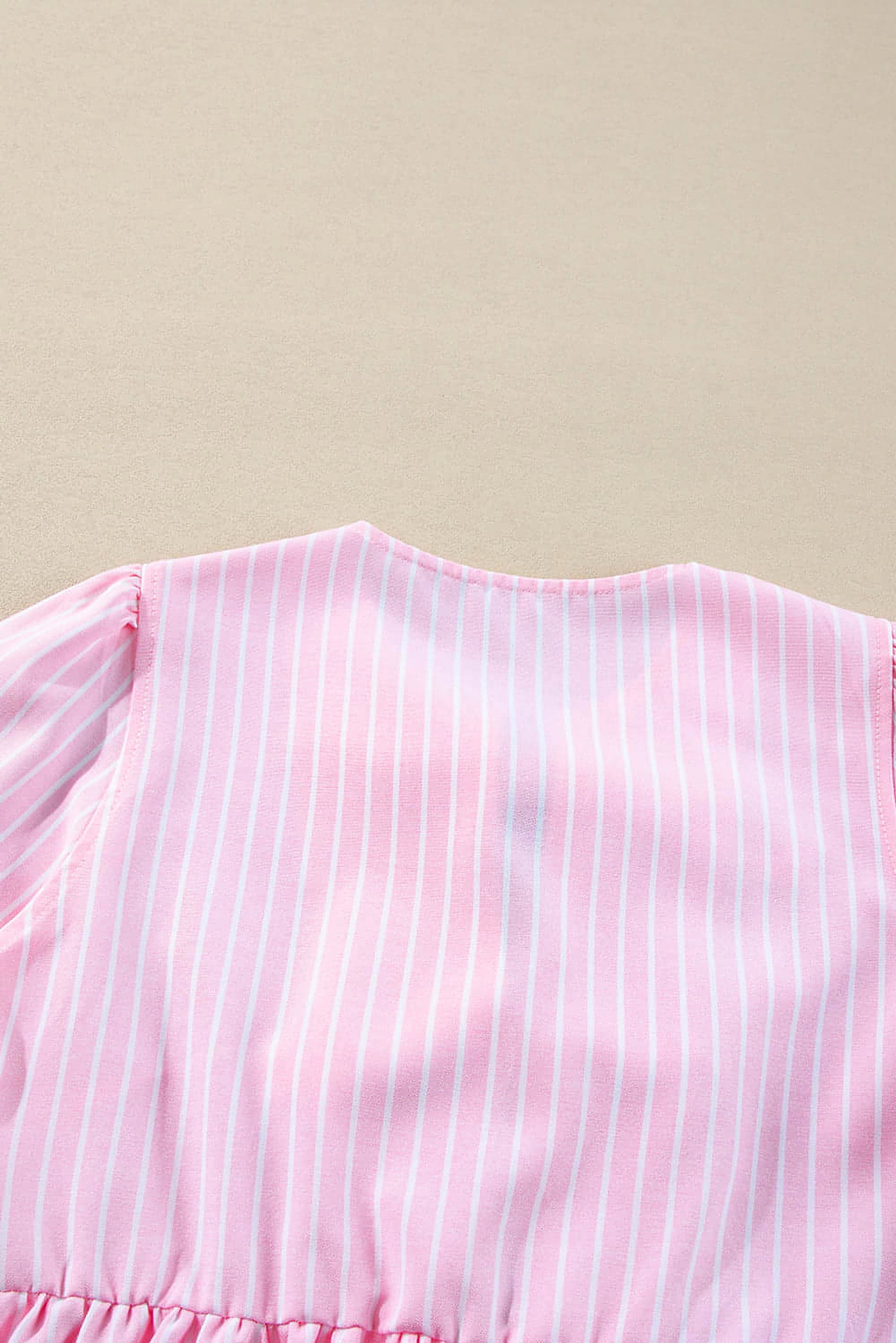 Pink Stripe Bowknot Front Crew Neck Puff Sleeve Blouse - enhanced image 6