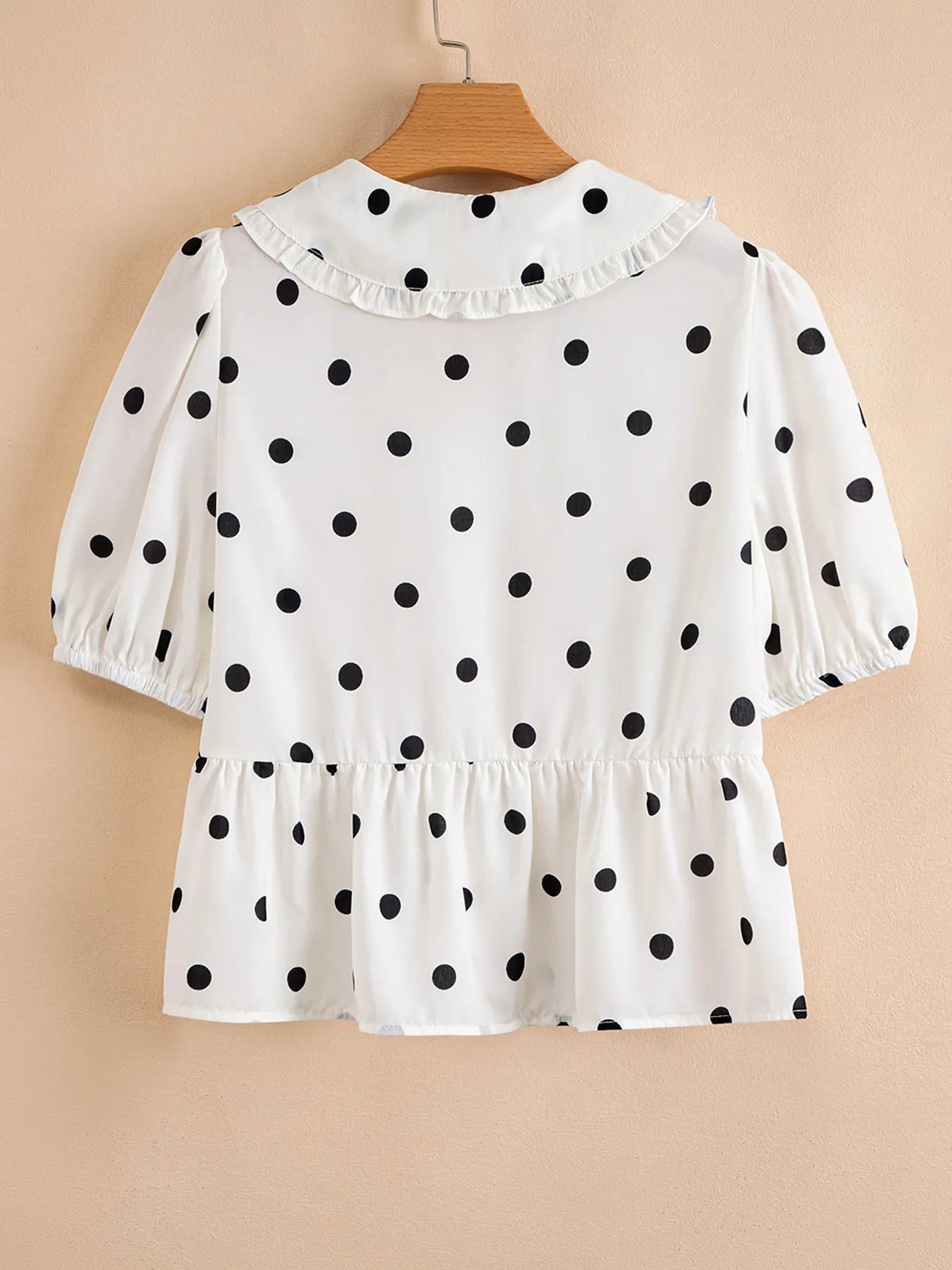 Polka Dot Collared Puff Sleeve Peplum Top - enhanced image 6