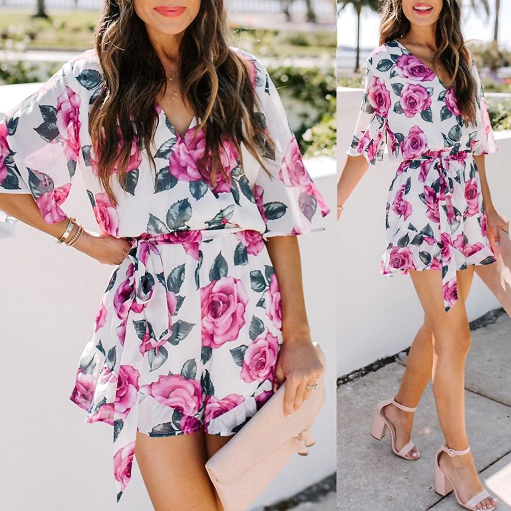 Printed Flared Short-Sleeved Lace-Up Jumpsuit Skirt - enhanced image 6