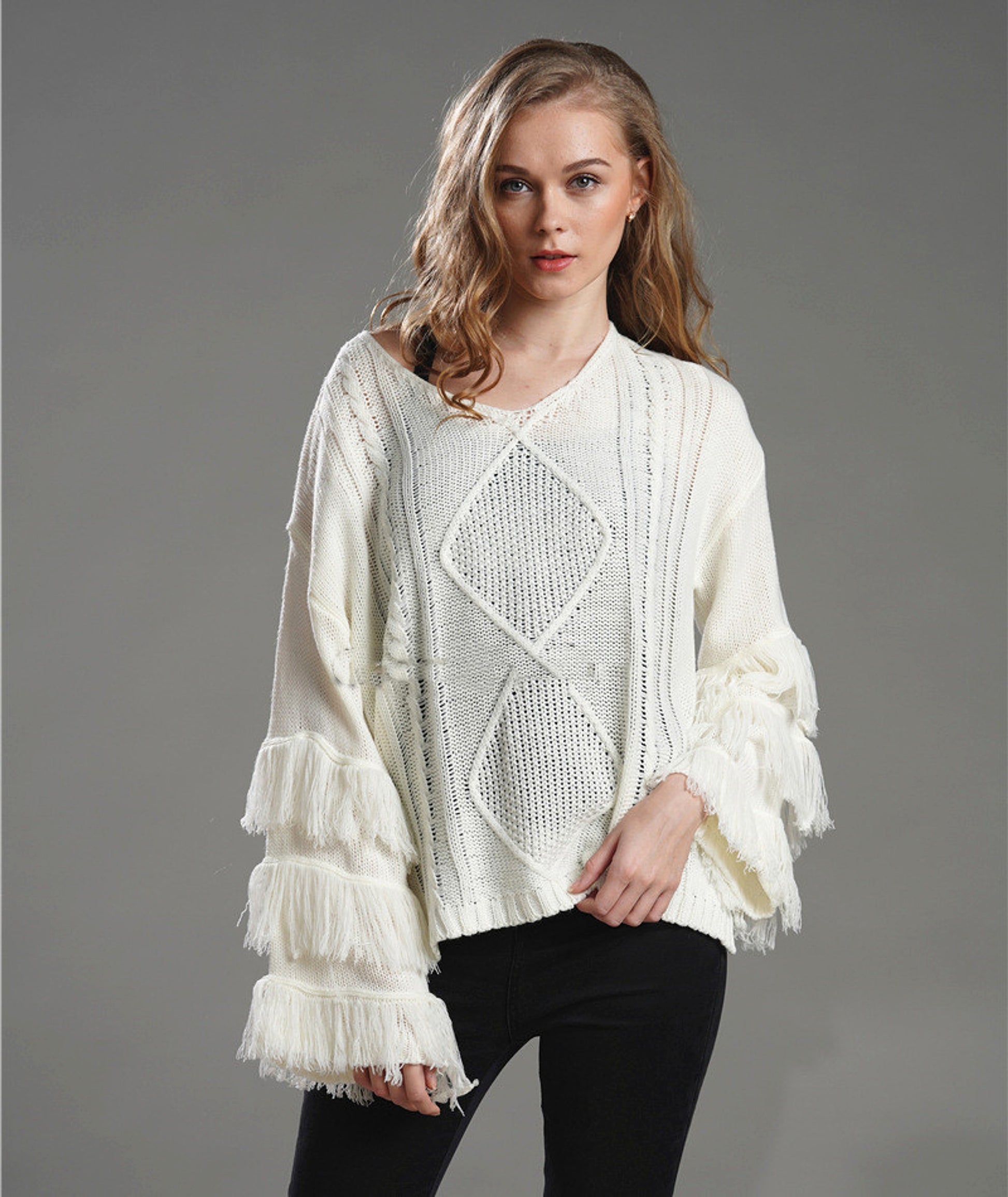 Pullover Loose Sweater Women Tassel Pure Color - enhanced image 6