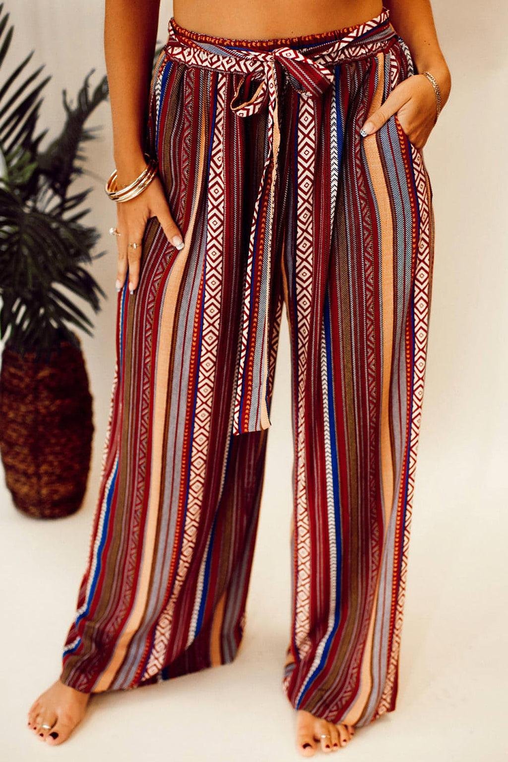 Red Boho Ethnic Striped Print Tie Waist Wide Leg Pants - enhanced image 6