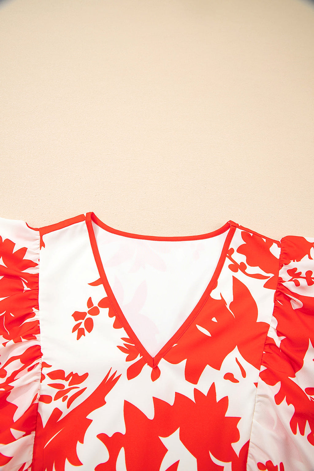 Red Floral Print Trimmed V Neck Ruffle Sleeve Long Dress - enhanced image 6