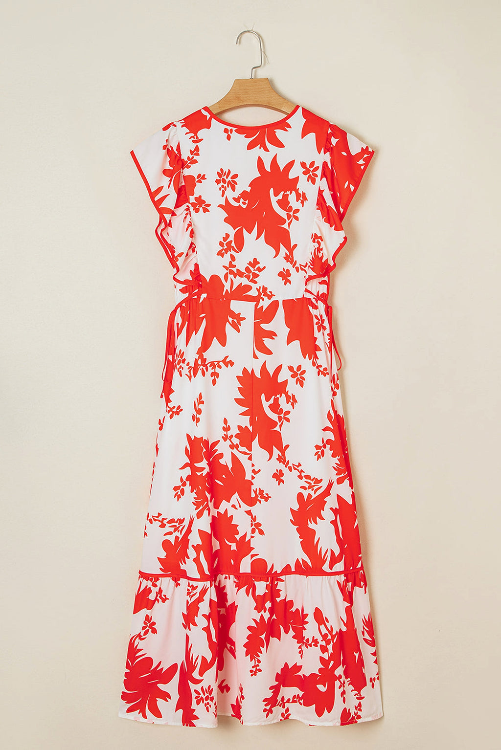 Red Floral Print Trimmed V Neck Ruffle Sleeve Long Dress - enhanced image 6