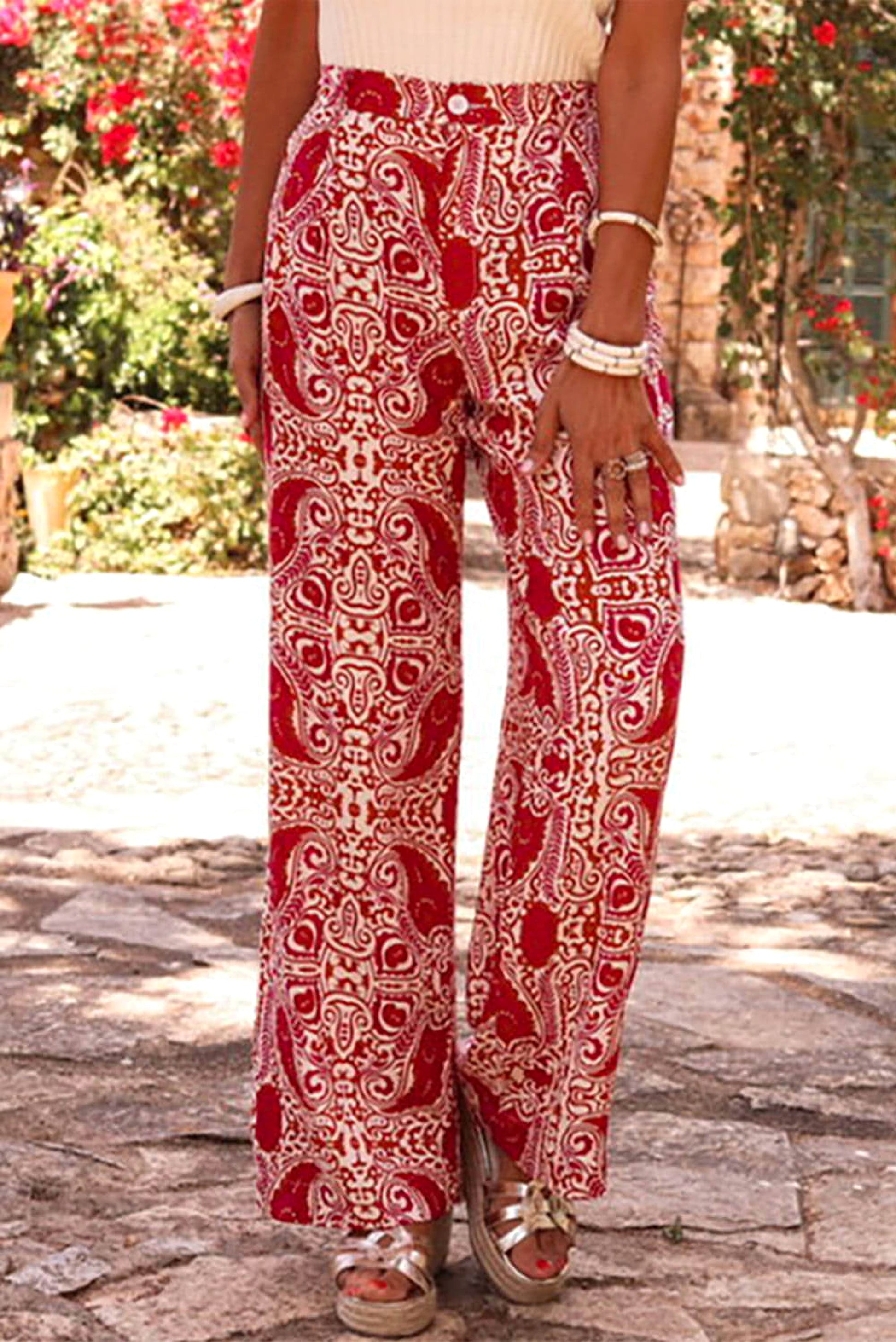 Red Paisley Printed Buttoned High Waist Straight Leg Pants - enhanced image 6