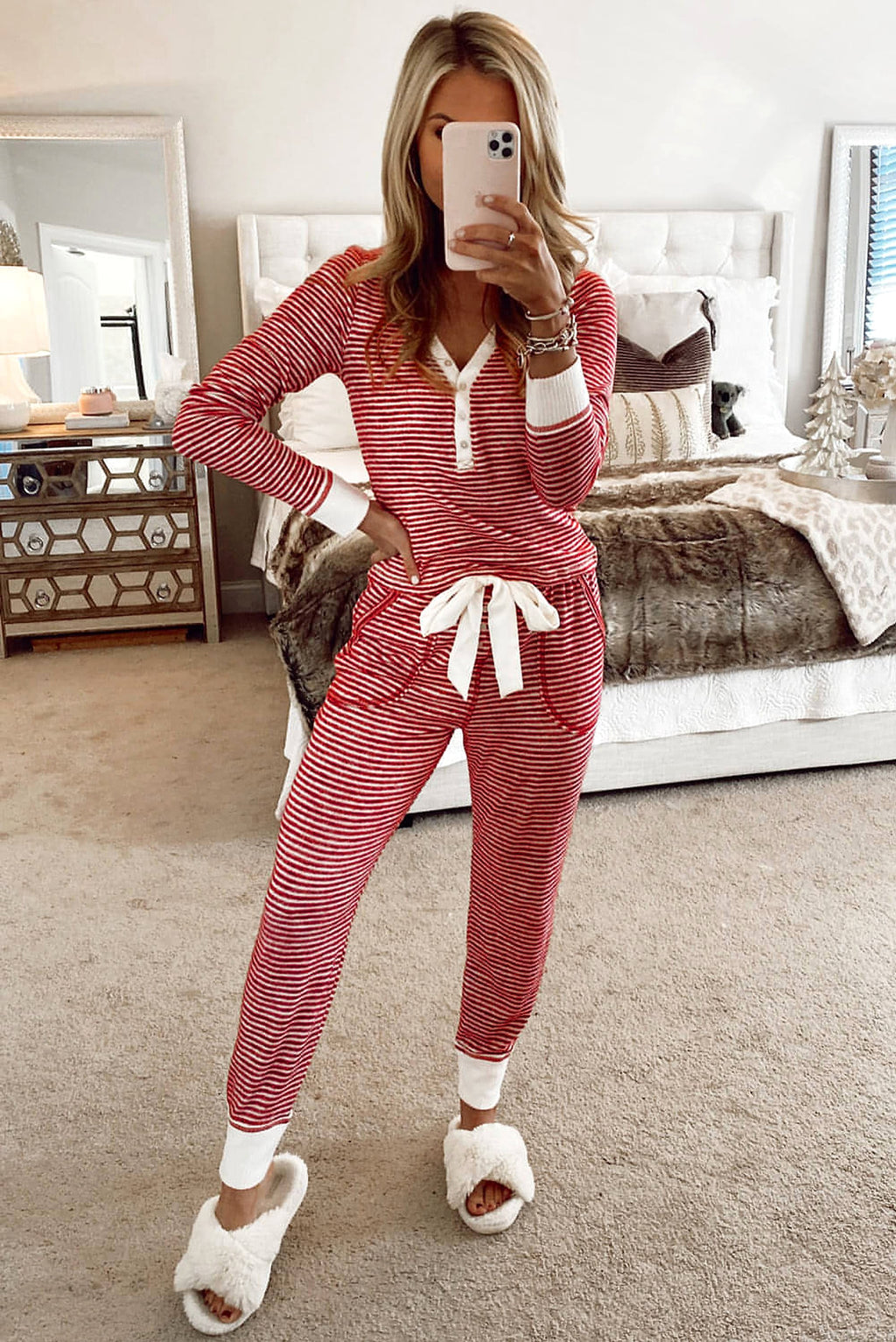 Red Stripe Buttoned V Neck Top and Knotted Waist Pants Lounge Set - enhanced image 6