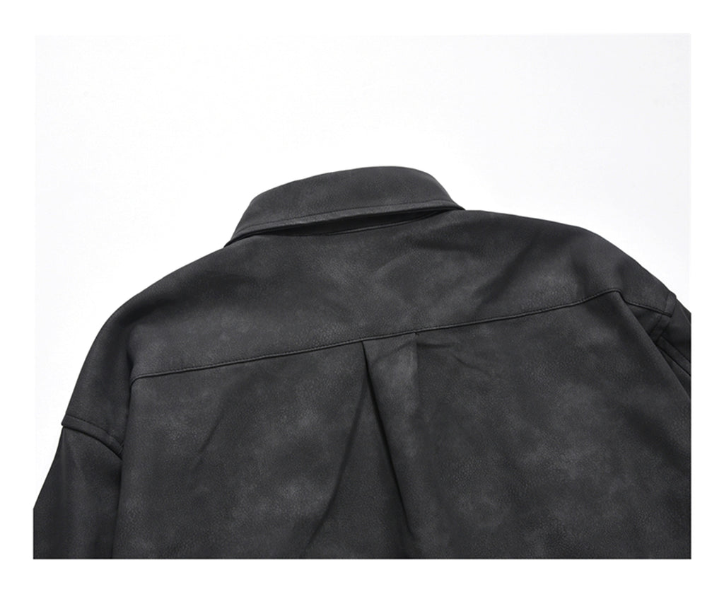 Retro Street Style Washed-out PU Leather DressShirt Men - enhanced image 6