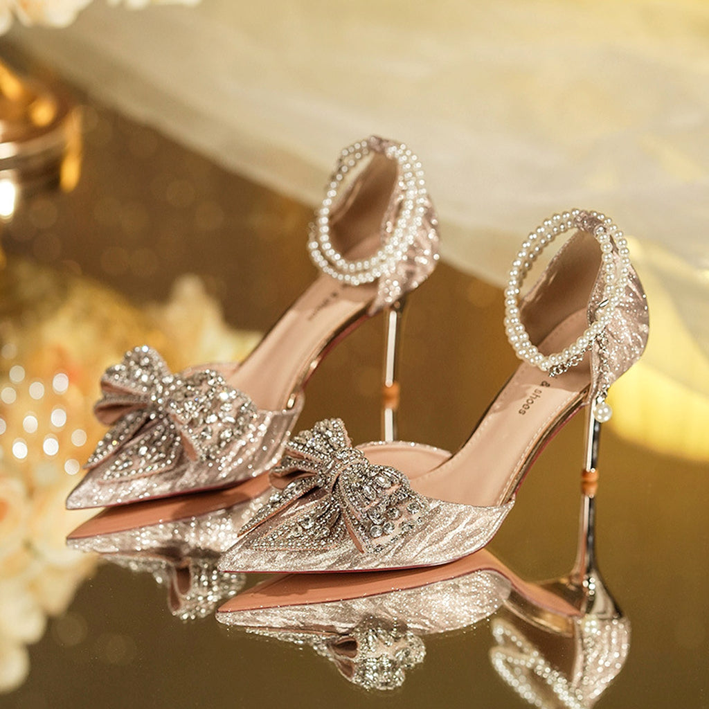 Rhinestone Bow Pointy Hollow Pearl Heels - enhanced image 6