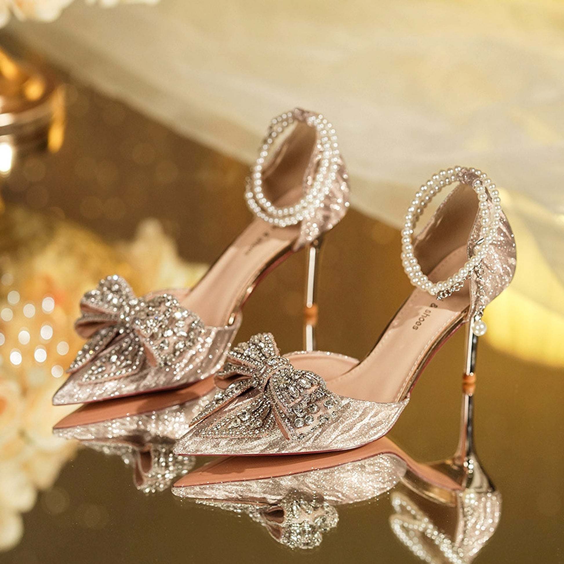 Rhinestone Bow Pointy Hollow Pearl Heels - enhanced image 6