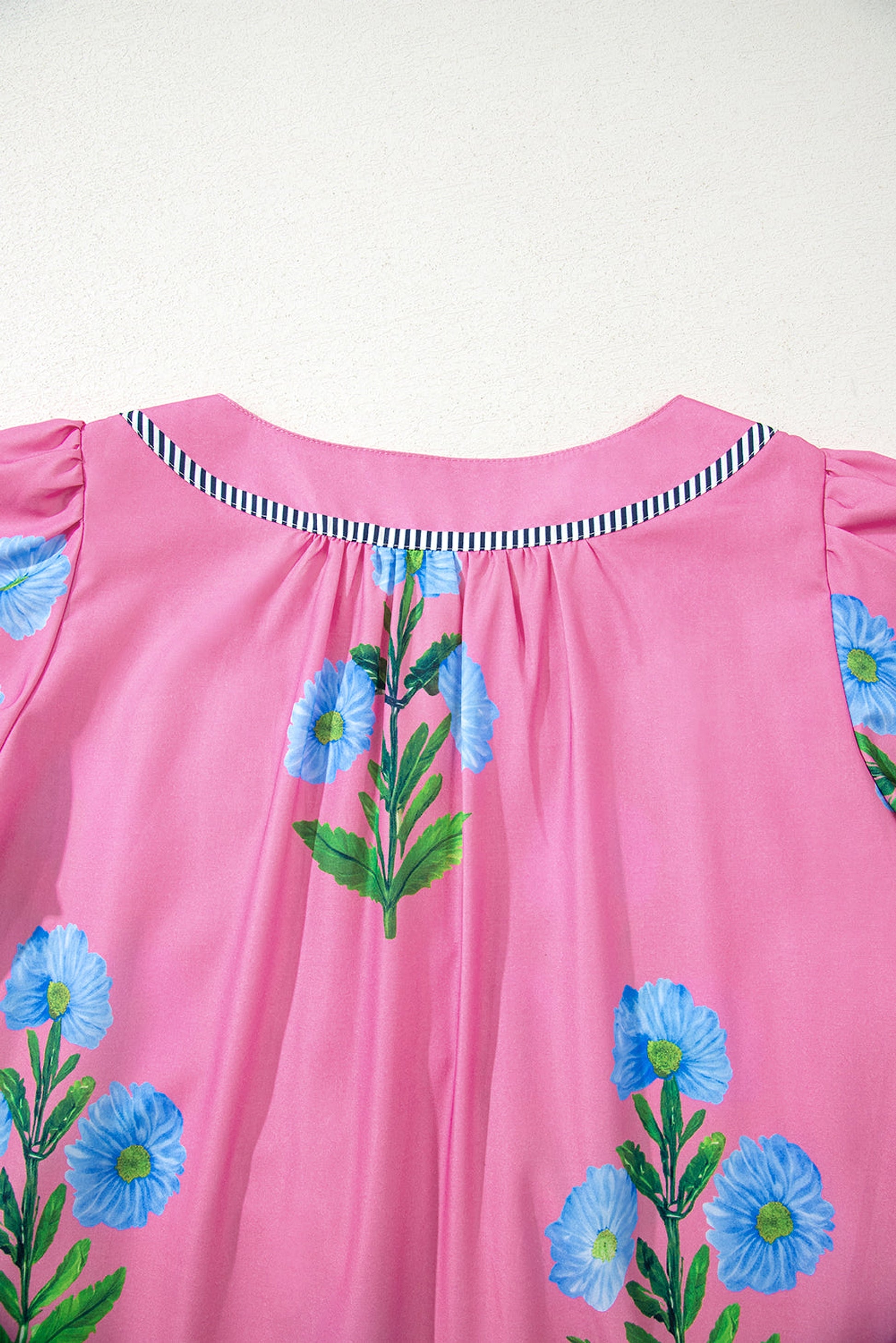 Rose Floral Short Sleeve Split Neck Loose Mini Dress - enhanced image 6