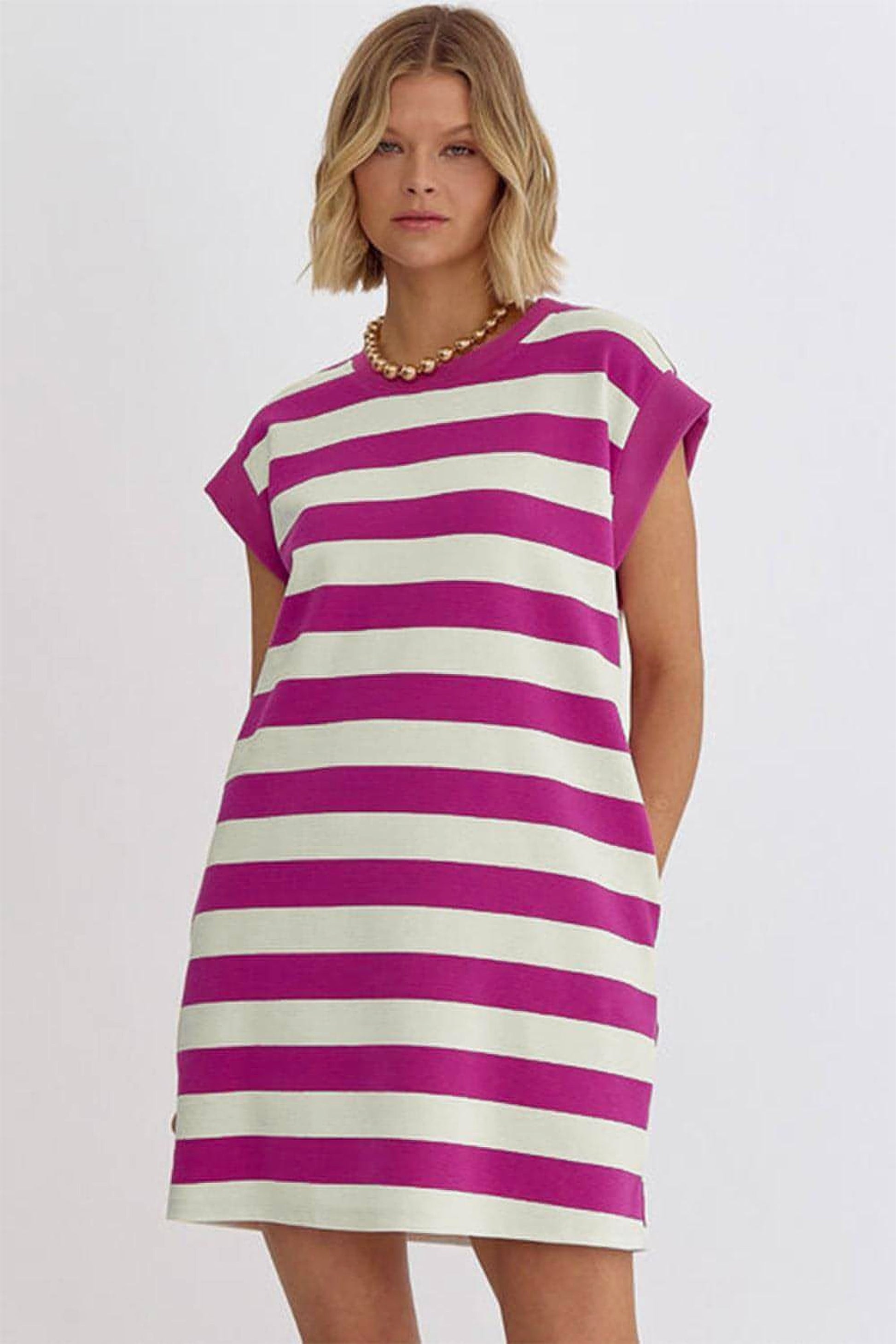 Rose Stripe Cap Sleeve Pocketed Shift T-shirt Dress - enhanced image 6
