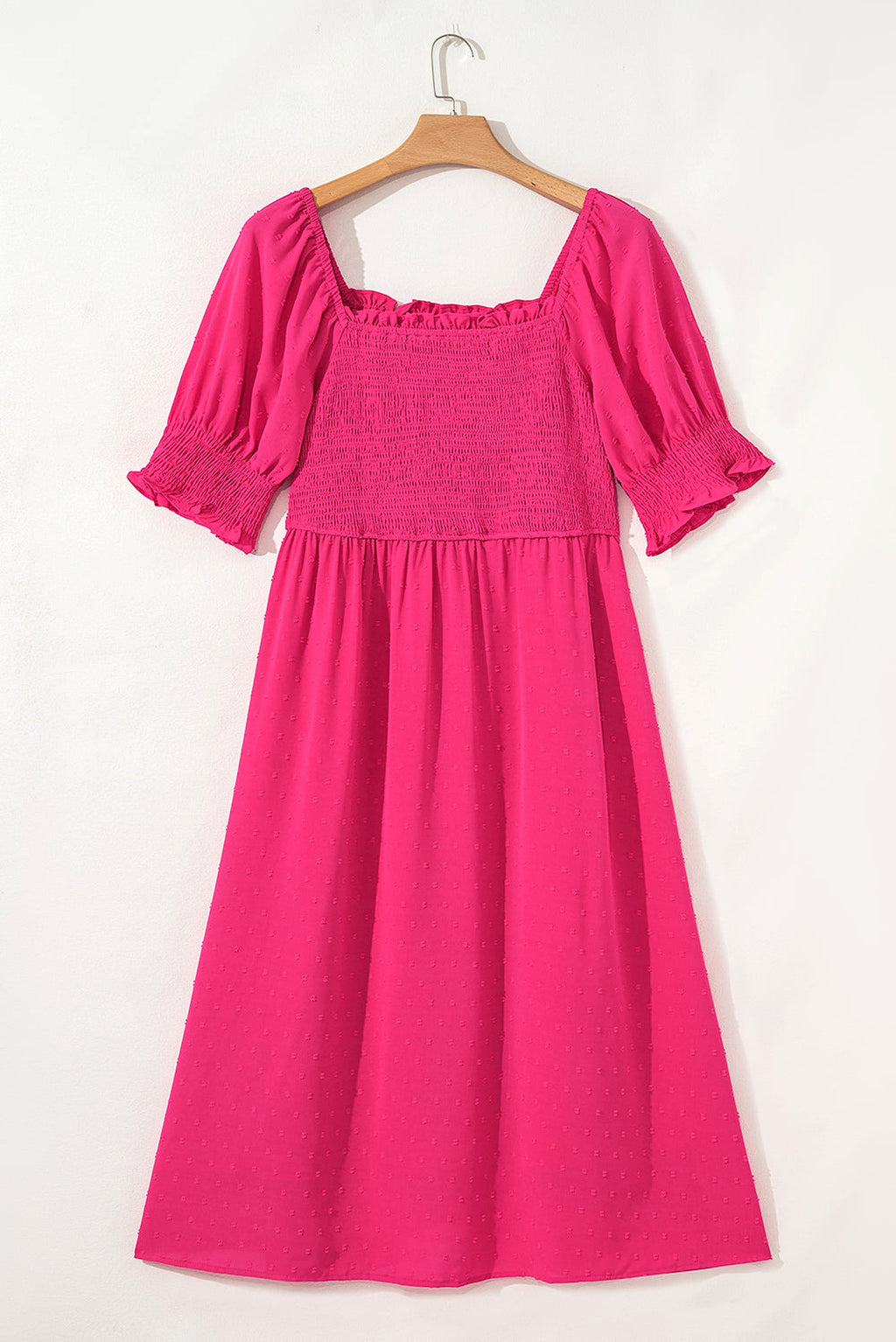 Sachet Pink Swiss Dot Smocked Frilled Neckline Short Sleeve Plus Size Dress - enhanced image 6