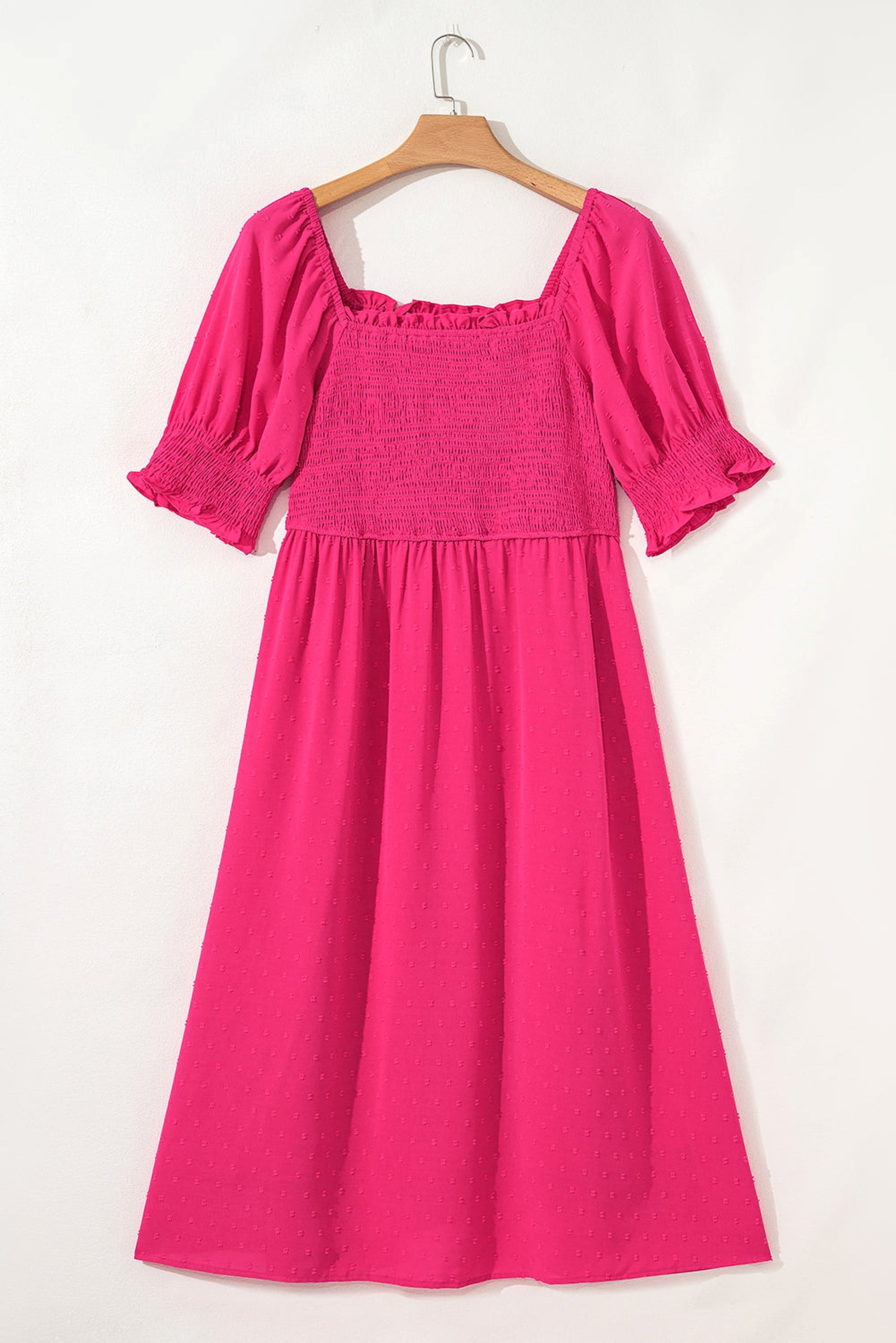 Sachet Pink Swiss Dot Smocked Frilled Neckline Short Sleeve Plus Size Dress - enhanced image 6