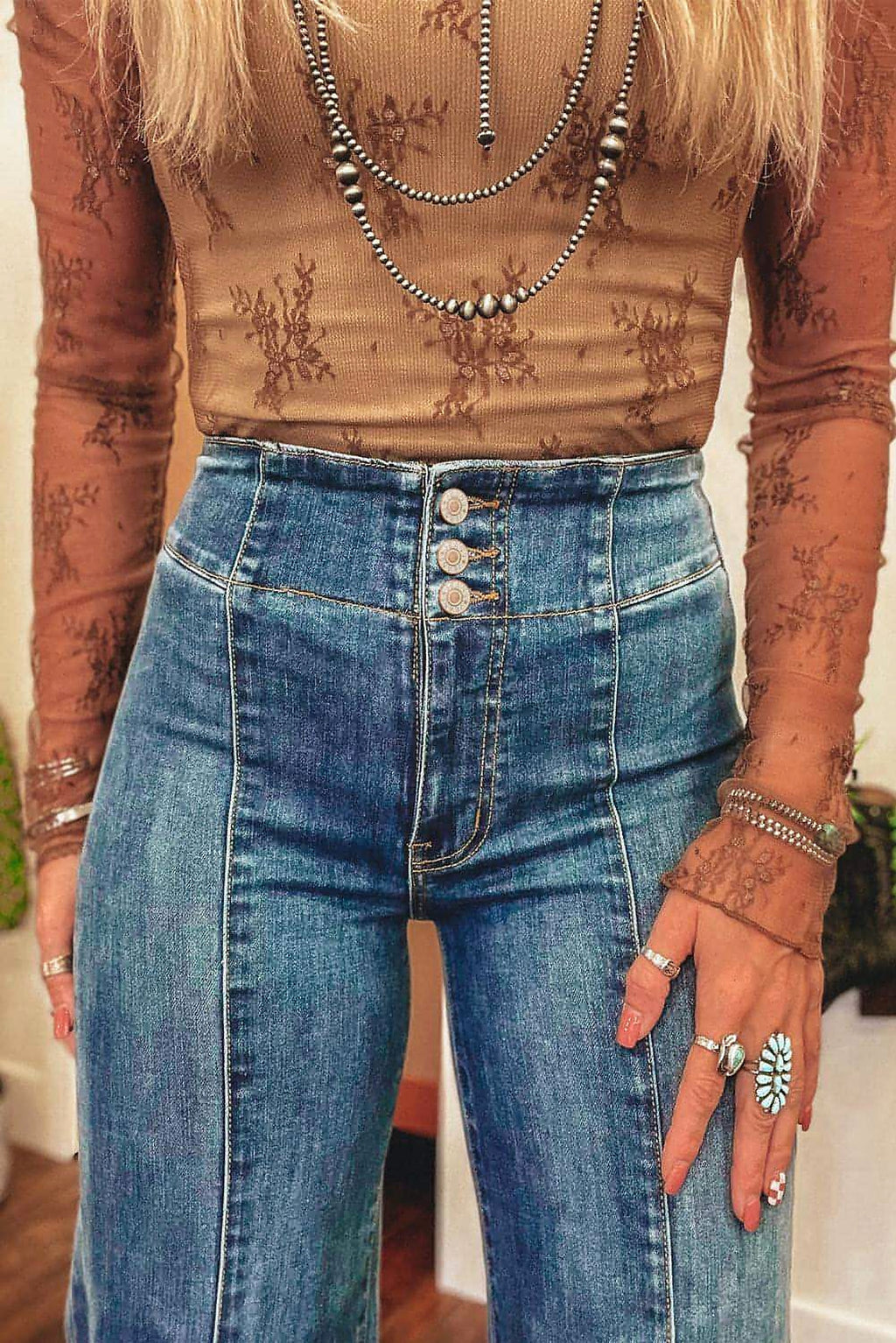 Sail Blue High Waist Button Fly Seamed Raw Hem Flare Jeans - enhanced image 6