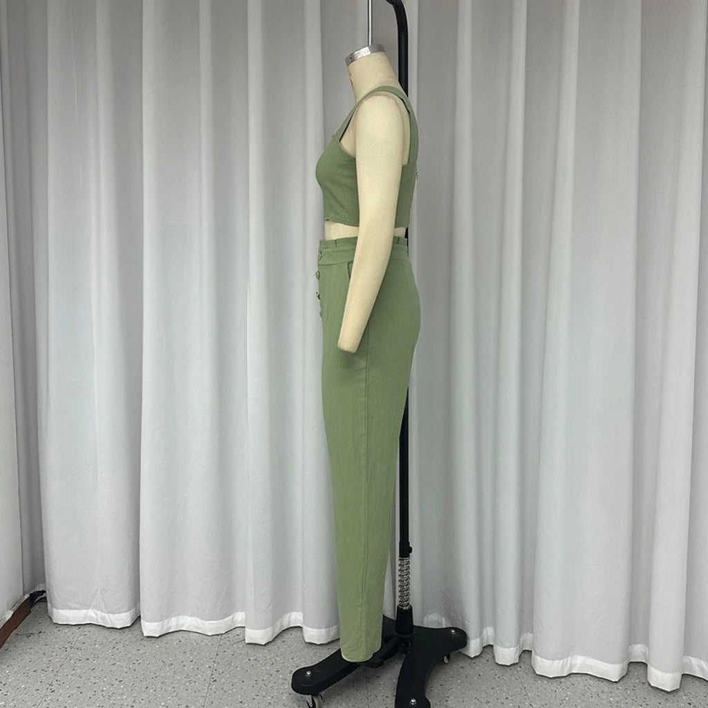 Short Crop-top Spaghetti-strap Top High Waist Trousers Two-piece Set - enhanced image 6