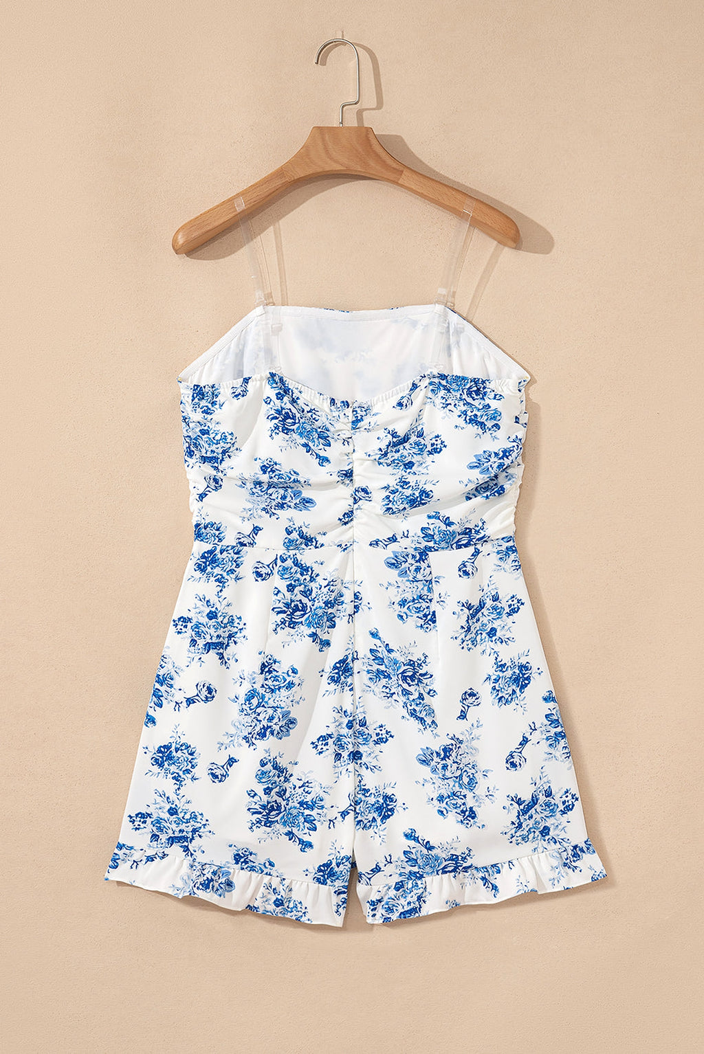 Sky Blue Floral Print Strapless Zipped Back Knot Waist Ruffled Romper - enhanced image 6