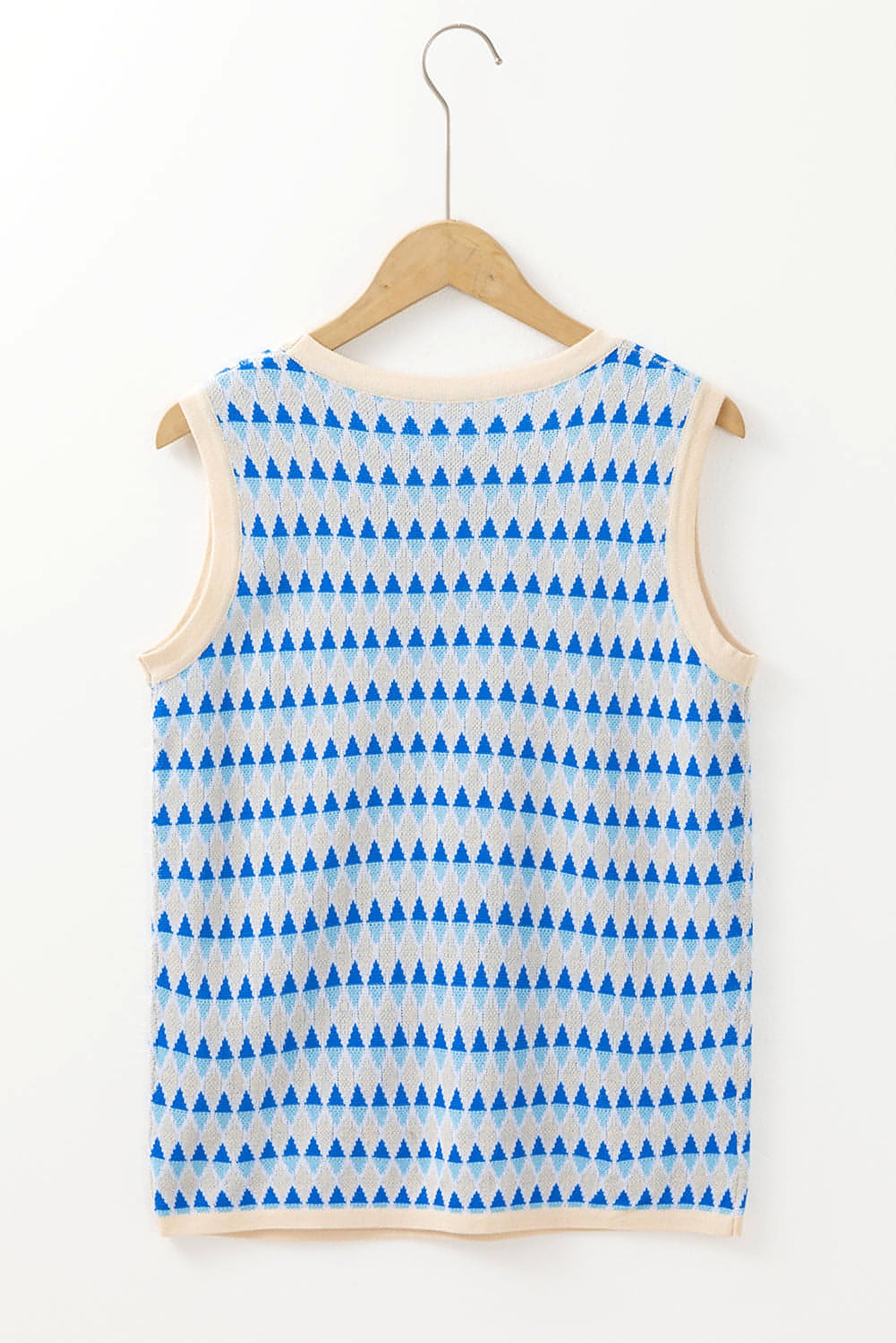 Sky Blue Stripe Geometric Print Round Neck Slim Fit Sweater Vest - enhanced image 6