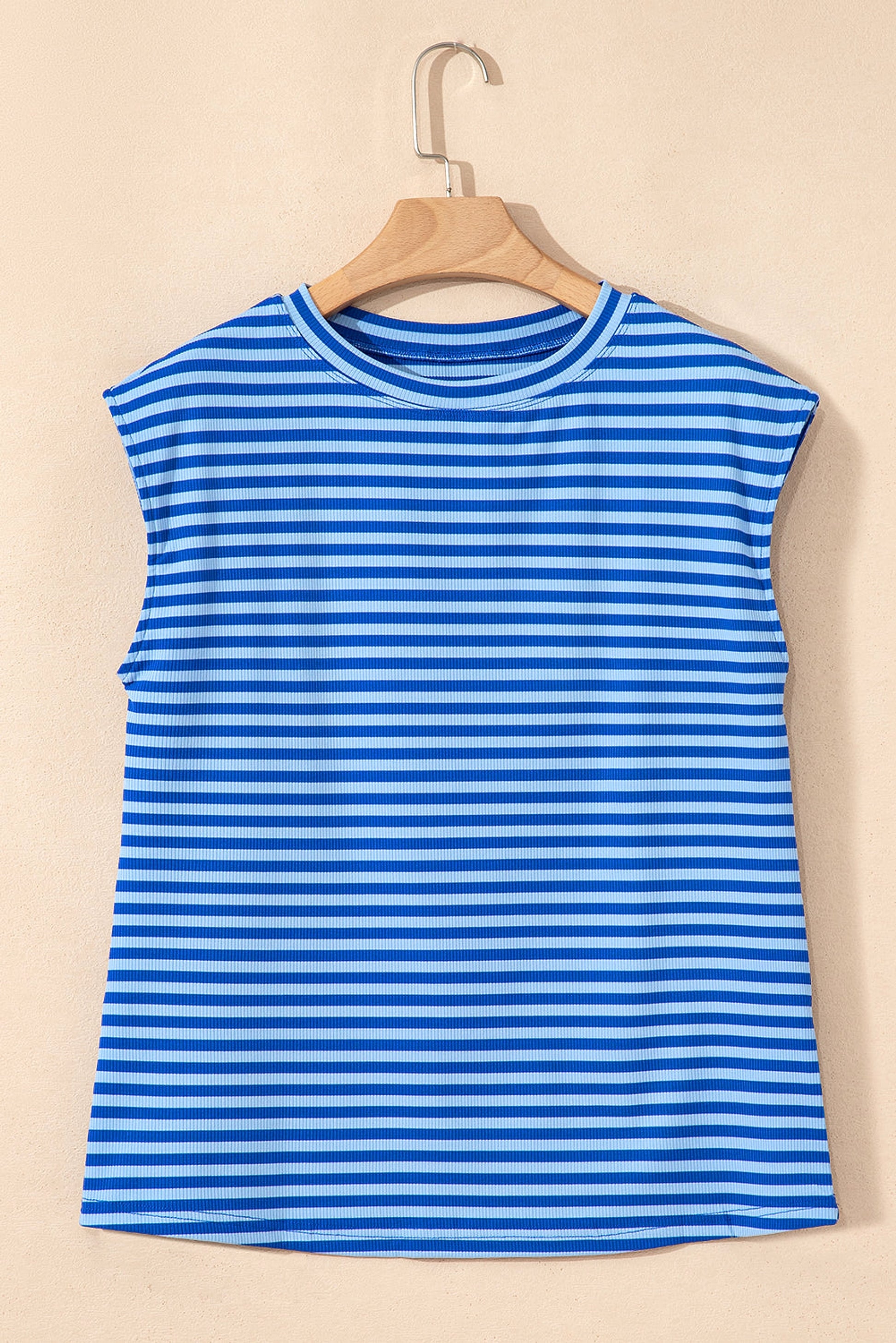 Sky Blue Stripe Ribbed Cap Sleeve Round Neck T Shirt - enhanced image 6