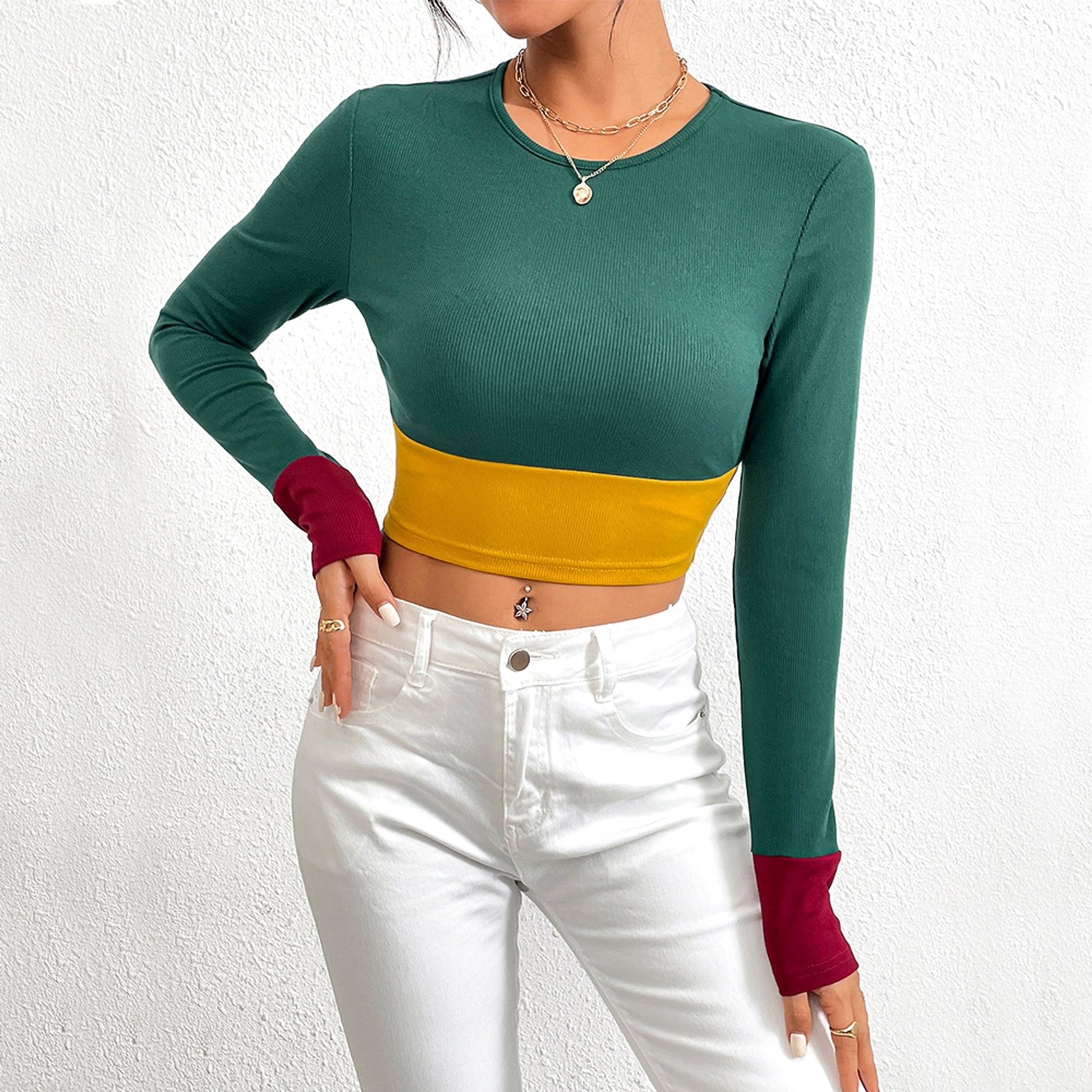 Slim Fit O-neck Short Stitching Long Sleeve T-shirt Women - enhanced image 6