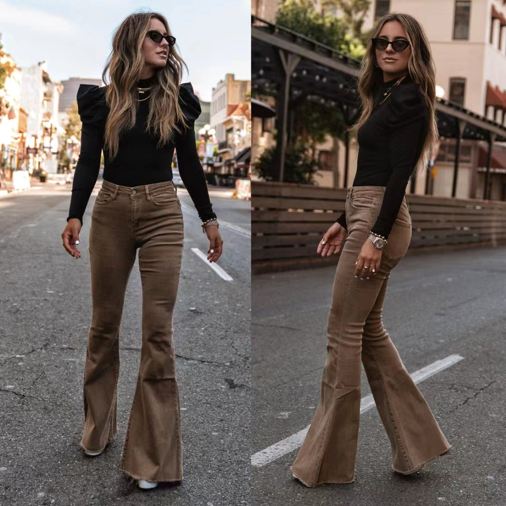 Solid Color Mid-waist Slim-fit Micro Flared Pants Corduroy - enhanced image 6