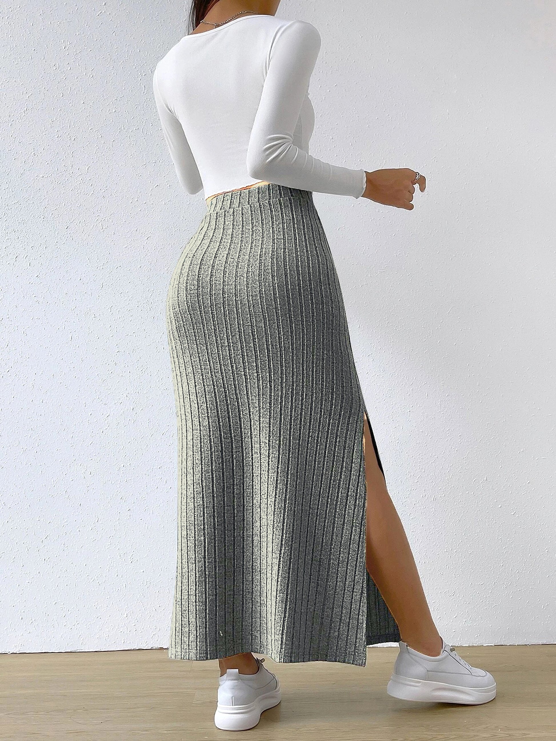 Spring Long Skirt High Waist Side Slit Slim Fit Knitted Women's Dress - enhanced image 6